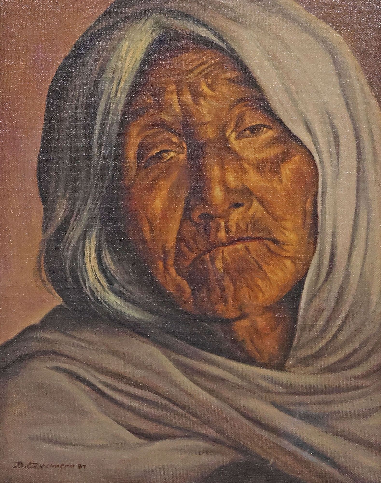 DANIEL GUERRERO (20TH C.) OIL PAINTING, PORTRAIT OF AN ELDERLY WOMAN: Framed oil on canvas painting, Portrait of an Elderly Woman, signed lower left D. Guerrero (Daniel Guerrero, 20th c.), dated [19]87, sight: approx 13.5"h, 10.5"w, overall: approx 22"h, 19"w, 7lbs