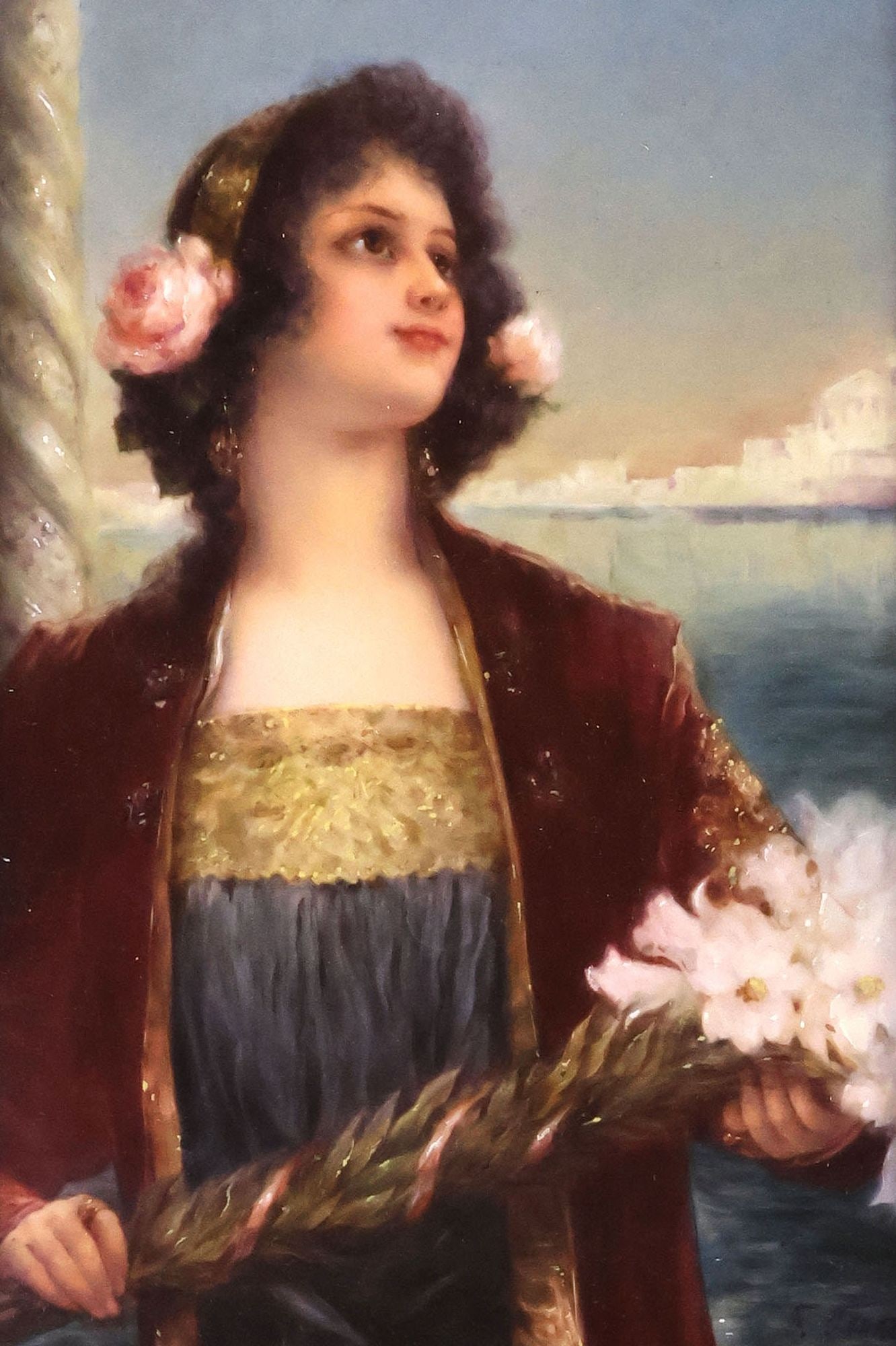 FRAMED K.P.M BERLIN PAINTED PORCELAIN PLAQUE, 'PATRICIA' SIGNED F. TENNER: Framed K.P.M. Berlin hand-painted porcelain plaque, "Patricia," signed F. Tenner, verso titled, No 6a, impressed scepter over KPM and other marks, further impressed Austria, presented in a gold painte