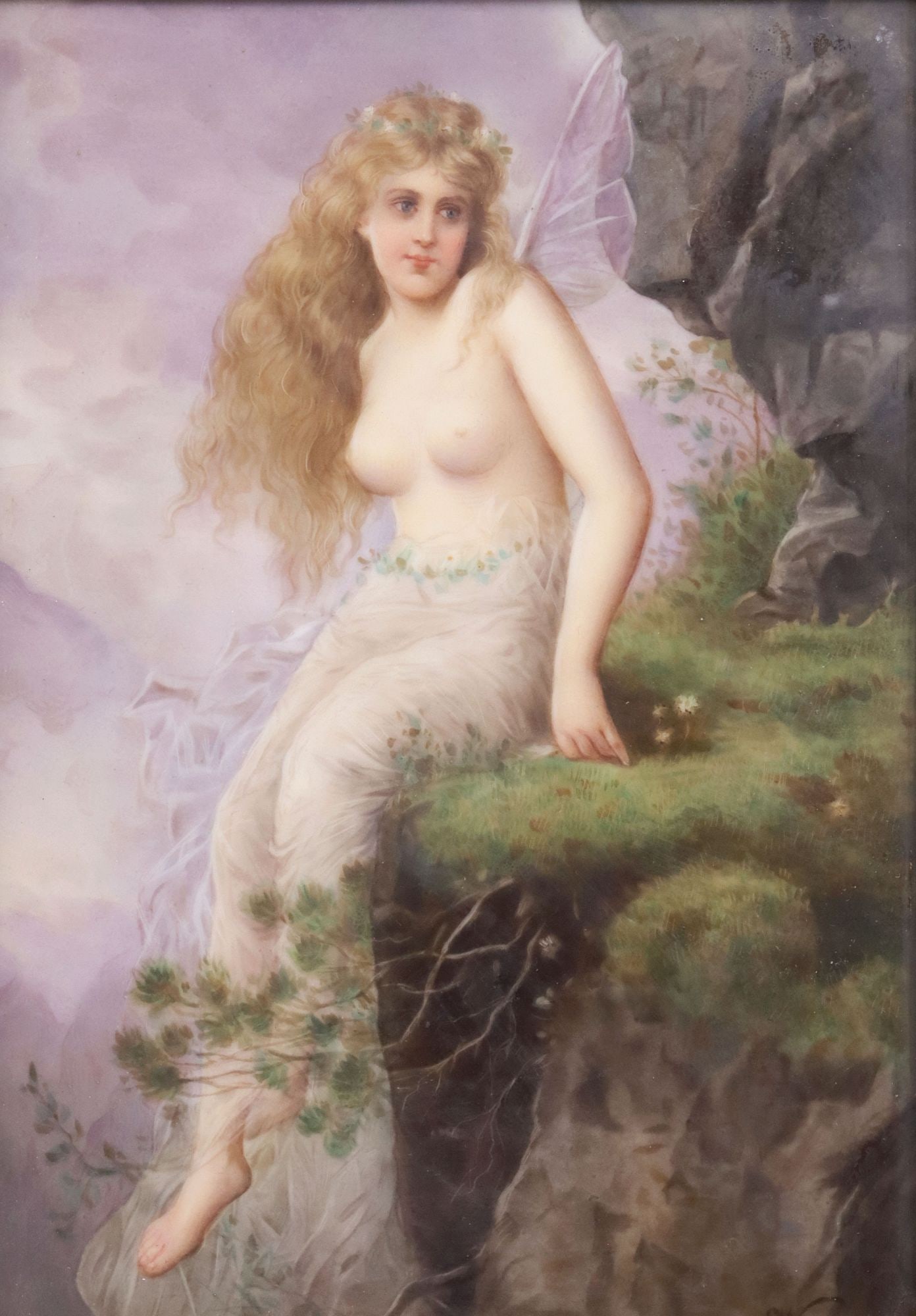 FRAMED BERLIN STYLE PAINTED PORCELAIN PLAQUE, LORELEI / NYMPH: Framed KPM-style hand-painted porcelain plaque, Lorelei, signed Weninen?, in the style of the Wilhelm Kray (1828-1889), depicting a nymph, seated cliffside, housed in a floral and foliate gold painted