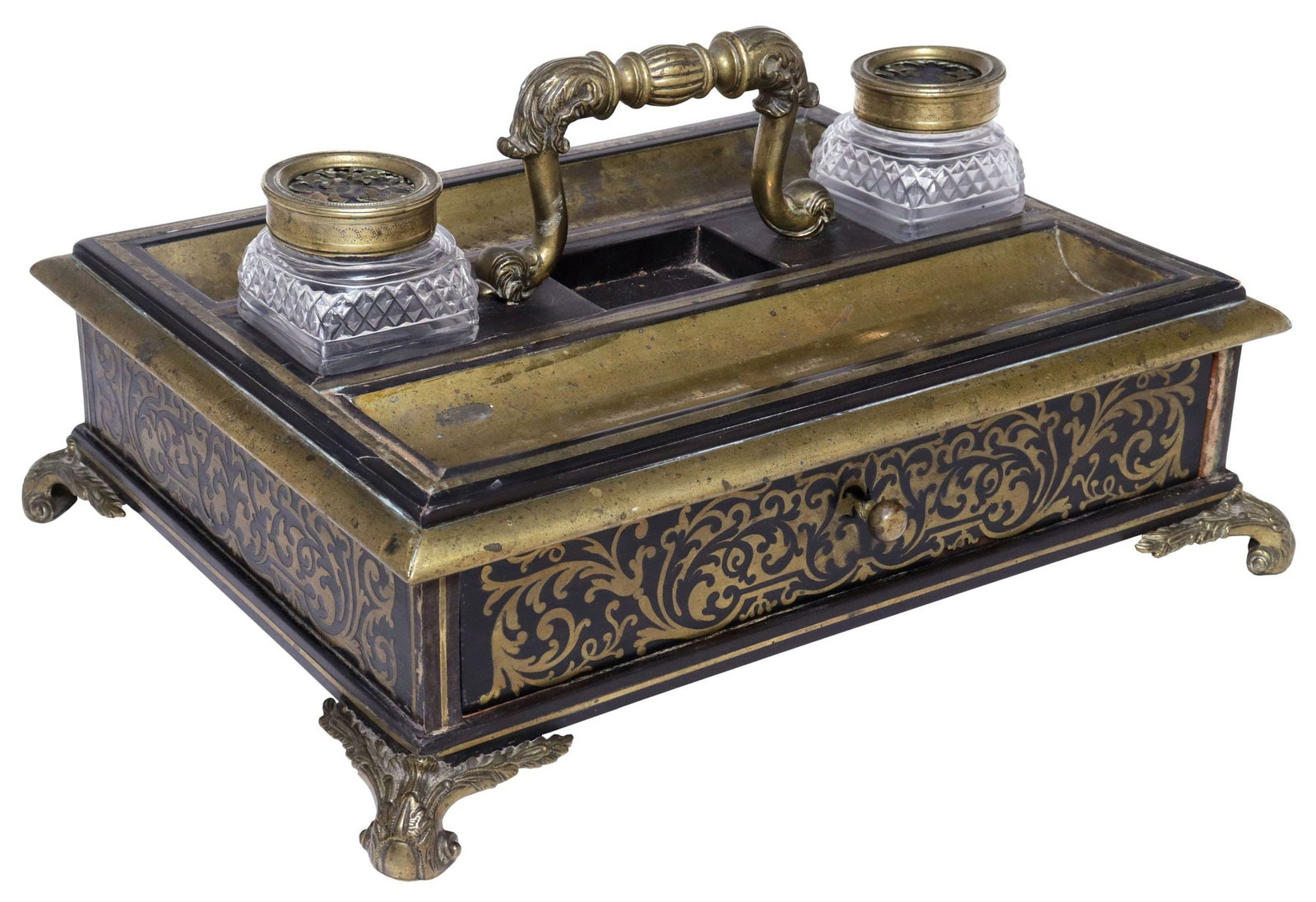 FRENCH NAPOLEON III BRASS-INLAID & EBONIZED DOUBLE INKWELL DESK STAND (1 of 4)