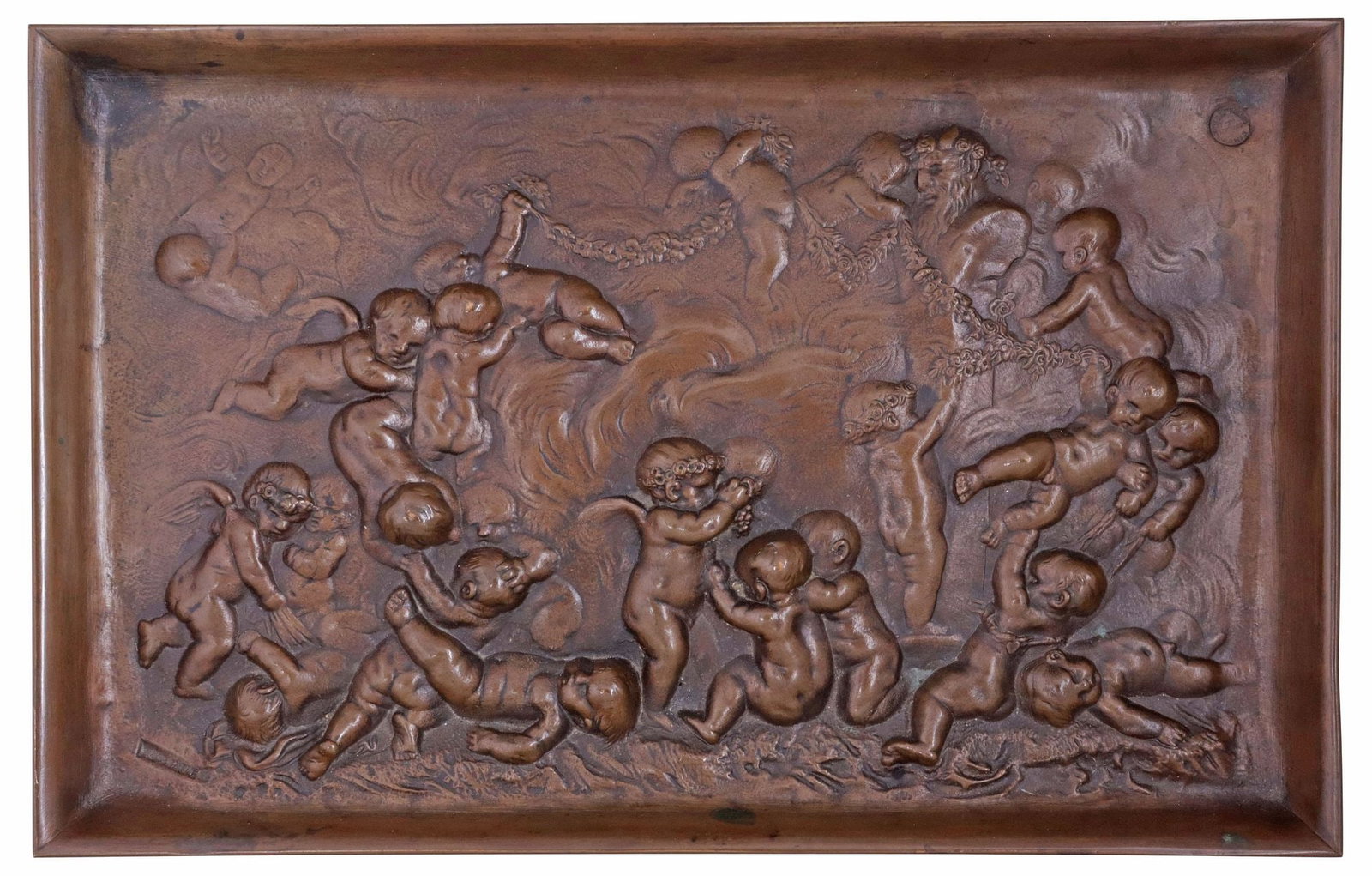 FRENCH JEAN DENIS LARUE (D.1893) PATINATED BRONZE 'PUTTI' RELIEF TRAY (1 of 7)