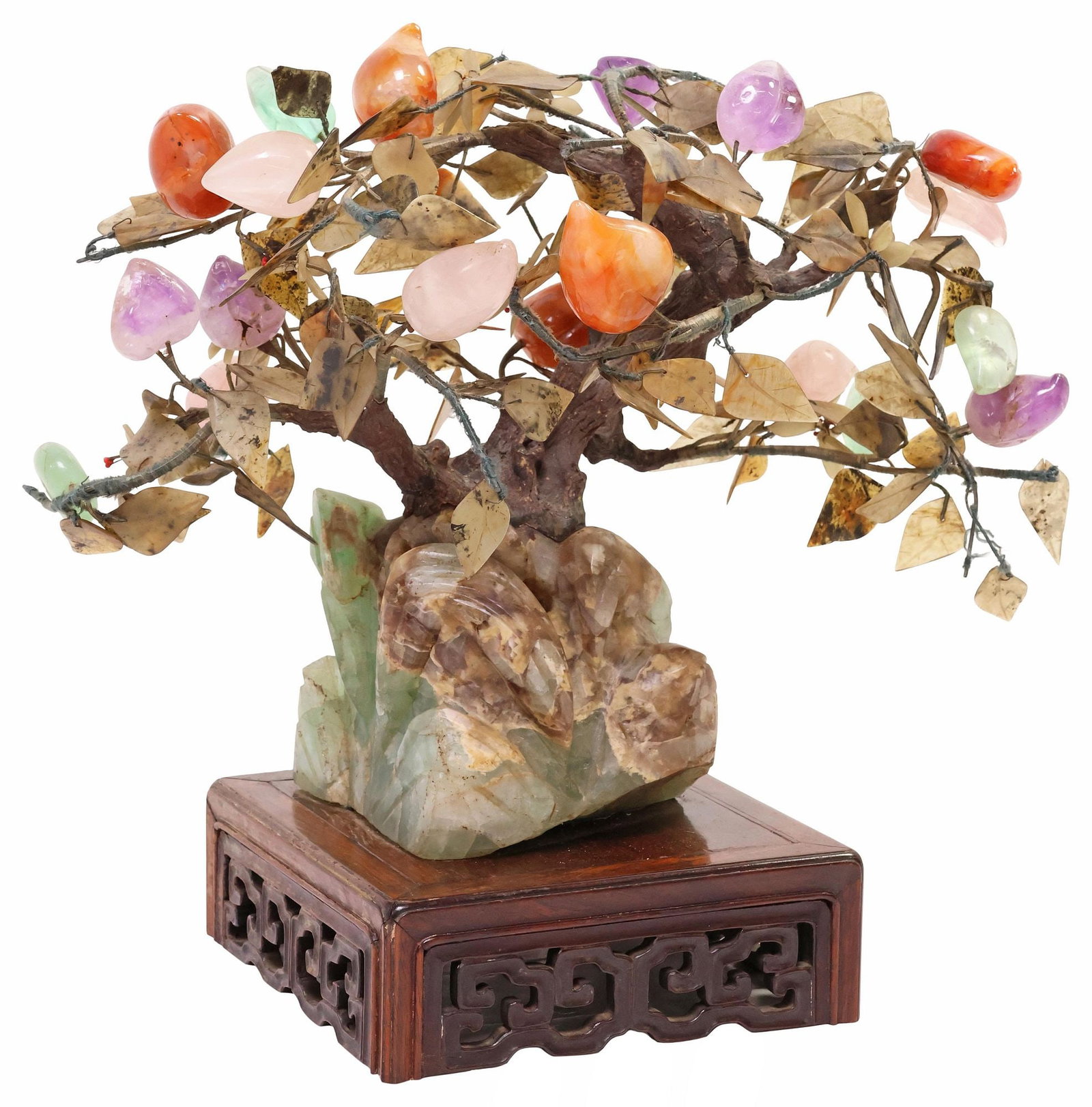 LARGE CHINESE CARVED HARDSTONE PEACH TREE ON CARVED WOOD STAND (1 of 5)
