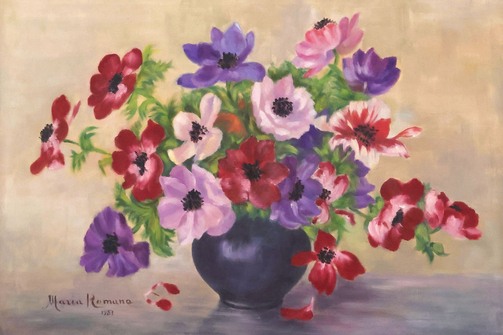 MARIA ROMANA (ITALIAN, 20TH C.) OIL PAINTING, STILL LIFE WITH FLOWERS: Framed oil on canvas painting, Still Life with Vase of Flowers, signed lower left Maria Romana (Italian, 20th c.), dated 1951, encased behind glass, sight: approx 17"h, 24.75"w, overall: approx 21.5"h
