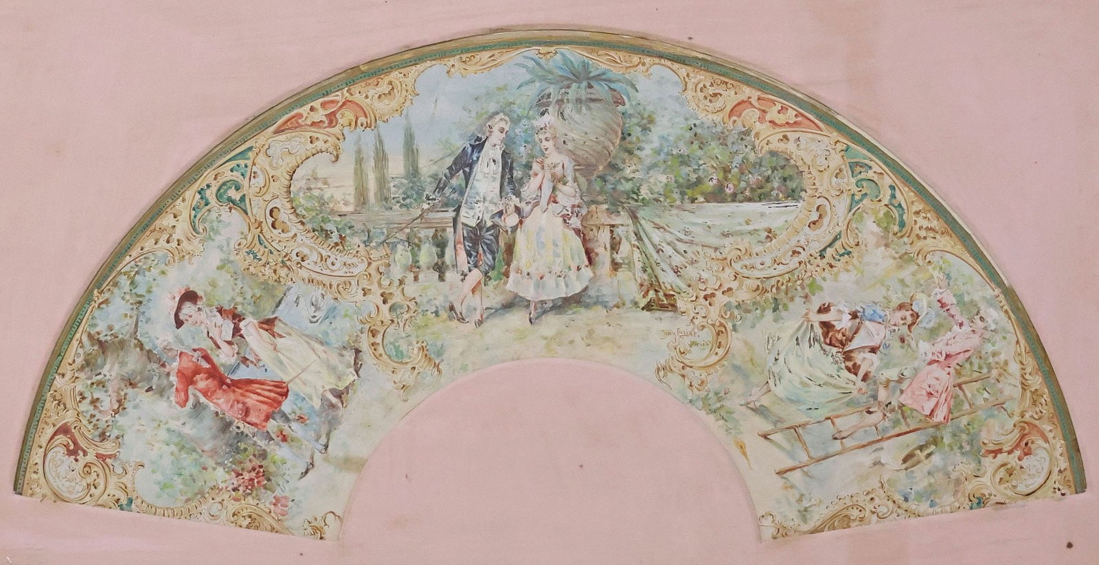 FRAMED FRENCH ROCOCO STYLE 'FETE GALANTE' PAINTED FAN, 18TH / 19TH C. (1 of 4)