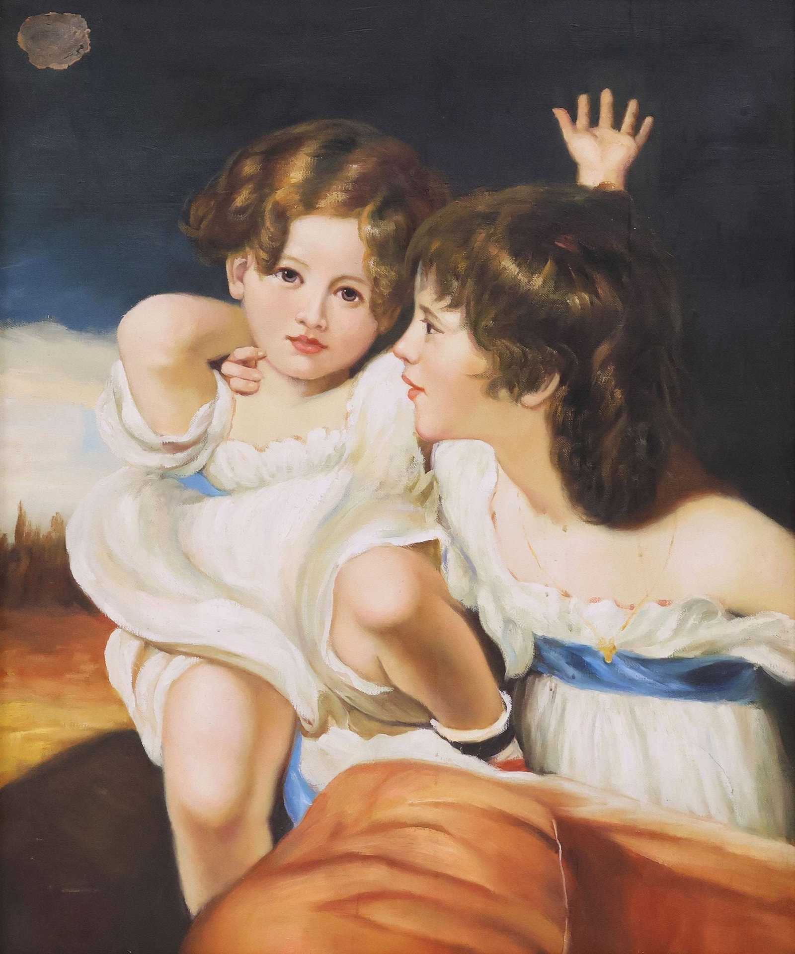 AFTER SIR THOMAS LAWRENCE (BRITISH, D.1830) PAINTING, 'CALMADY CHILDREN': Framed oil on canvas painting, "The Calmady Children (Emily and Laura Anne)," after Sir Thomas Lawrence (British, 1769-1830), apparently unsigned, sight: approx 23.5"h, 19.5"w, overall: approx 32"h, 2