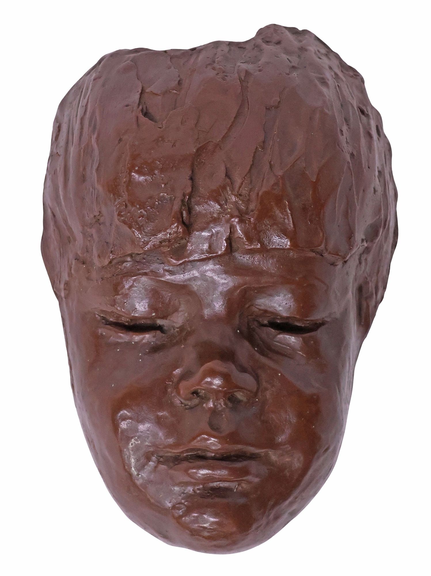 GLENNA GOODACRE (TEXAS, 1939-2020) BRONZE WALL SCULPTURE, CHILD MASK: Patinated bronze sculpture, Mask of a Child, initialed at interior G (Glenna Maxey Goodacre, New Mexico, Texas, 1939-2020), numbered 13/ 50, with inked number 22757 RB, wall-hanging wire verso, approx