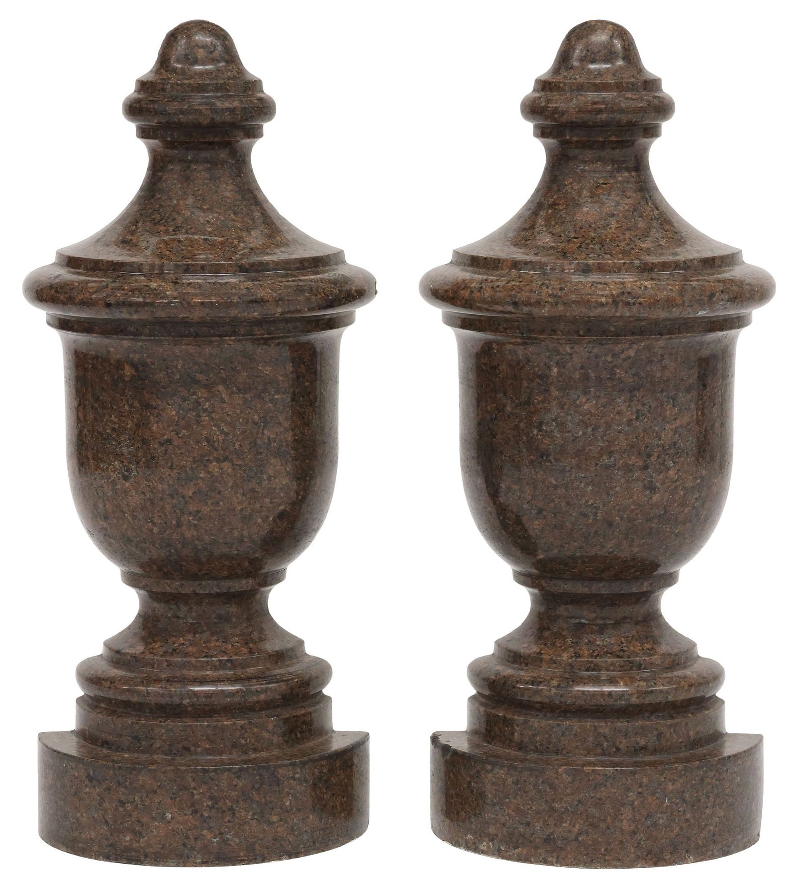 (2) LARGE CARVED GRANITE FLAT-BACK ARCHITECTURAL GARDEN ORNAMENTS, 31"H: (pair) Large carved granite architectural garden finials, each having tapering vasiform body, rising on demilune platform, flat backs, approx 31"h, 13"w, 6"d **Provenance: Fred Nevill Antiques, one of