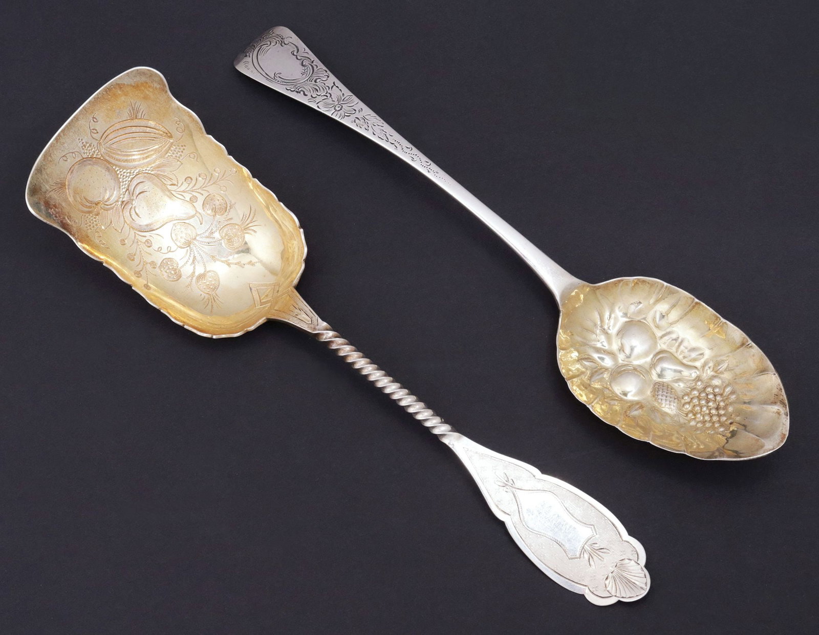 (2) AMERICAN COIN SILVER & ENGLISH GEORGIAN STERLING BERRY SPOONS (1 of 5)