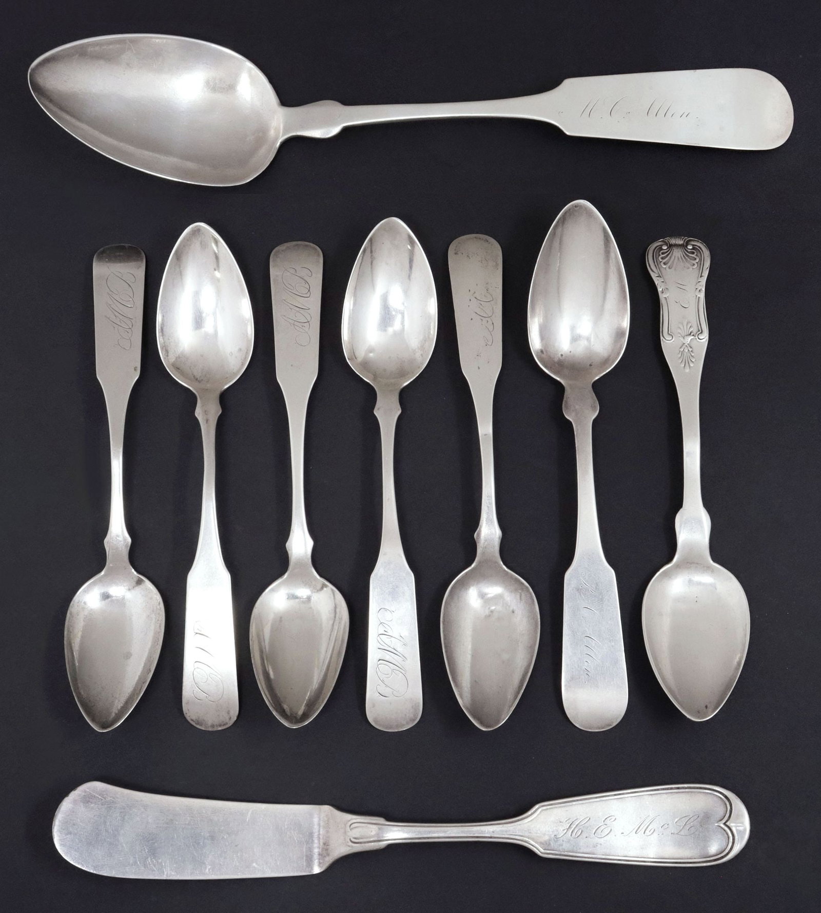 (9) AMERICAN COIN SILVER SPOONS & BUTTER KNIFE, 1 GEORGIAN PERIOD STERLING (1 of 3)