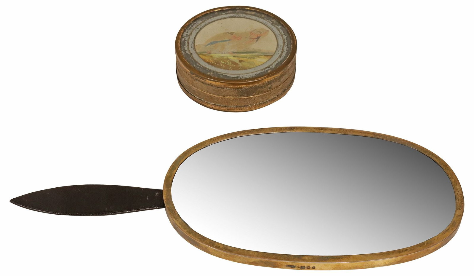 (2) ENGLISH GILT-STERLING FRAMED DRESSING MIRROR & EGLOMISE PAPER BOX: (lot of 2) Antique ladies accessories, including: (1) English gilt-sterling framed vanity/ dressing mirror, George Henry James and Company, London, date letter 1923, having ovular frame, adjustable ha