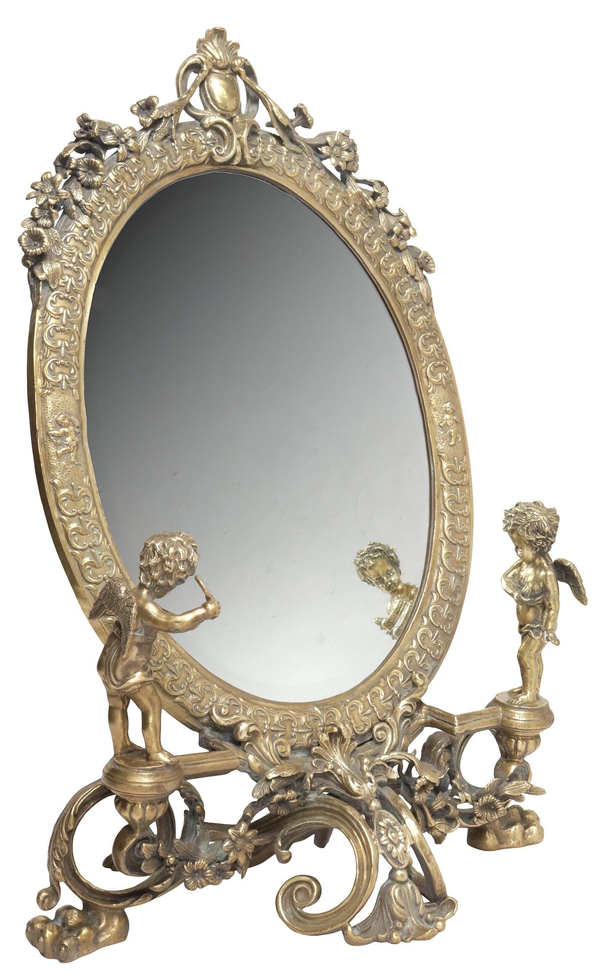 LARGE FRENCH LOUIS XV STYLE GILT-BRONZE FIGURAL DRESSING MIRROR, 21.5"H (1 of 7)
