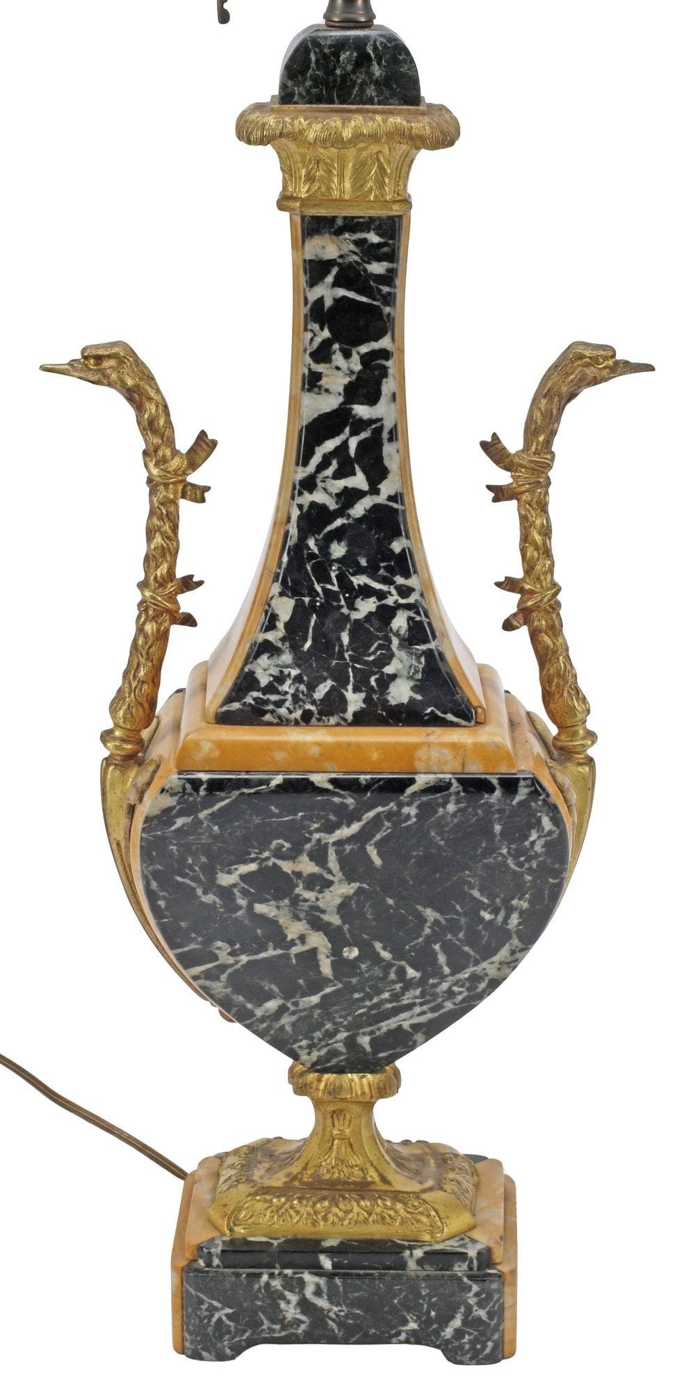 CONTINENTAL BRONZE-MOUNTED MARBLE URN CONVERTED TO 2-LT TABLE LAMP: Continental polychrome marble urn or cassolette, 19th c., now fashioned as a two-light table lamp, with bronze dore mounts, vasiform body flanked by dual swan neck handles, on squared base, accompanie