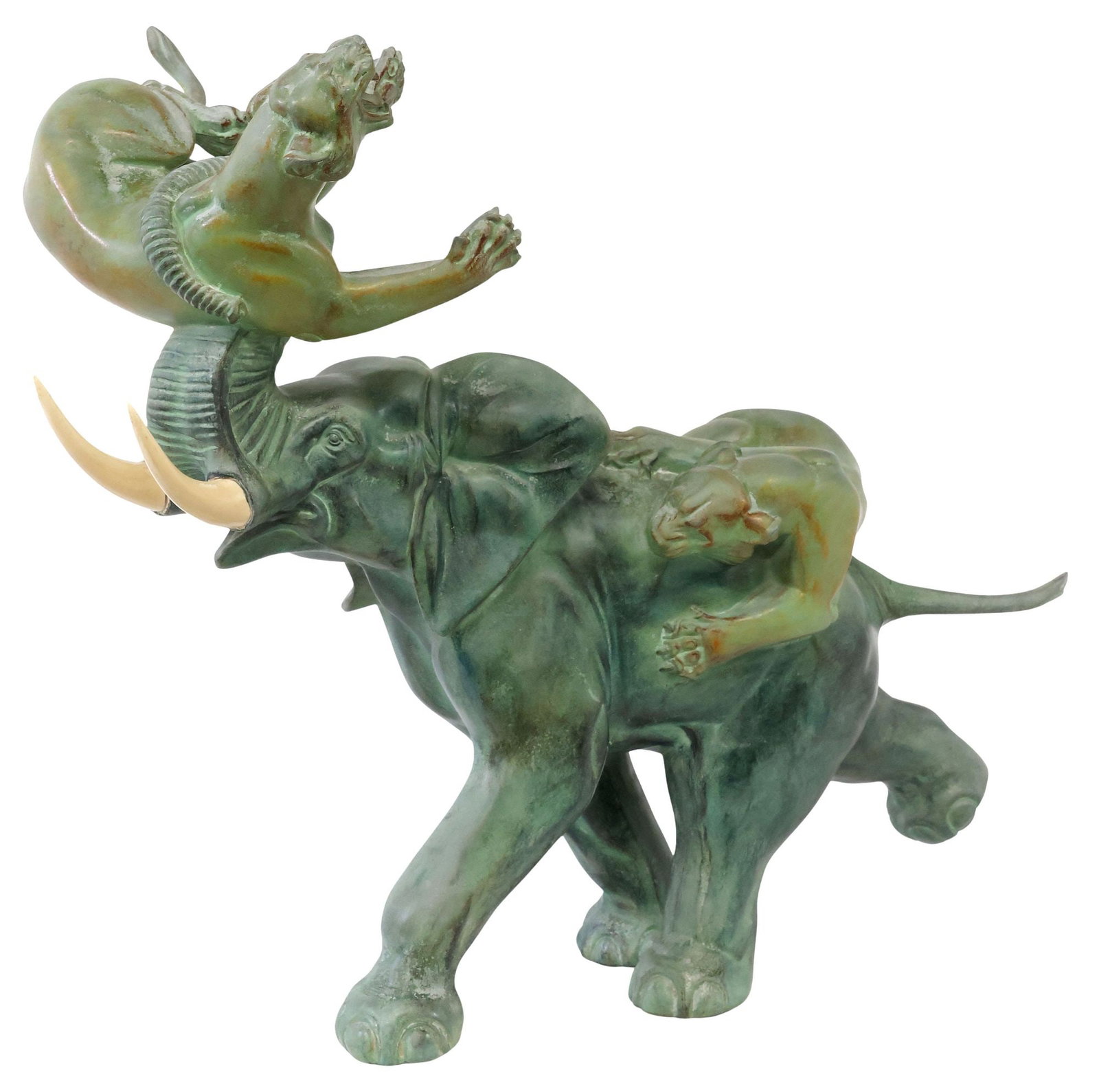 AFTER IRENEE ROCHARD (D.1984) VERDIGRIS METAL SCULPTURE, ELEPHANT & LIONS: Verdigris-patinated metal sculpture, Elephant Fighting two Lionesses, after Irenee Rochard (French, 1906-1984), with inset white tusks, unsigned, approx 20.5"h, 26"w, 12"d, 29lbs **Provenance: the cur