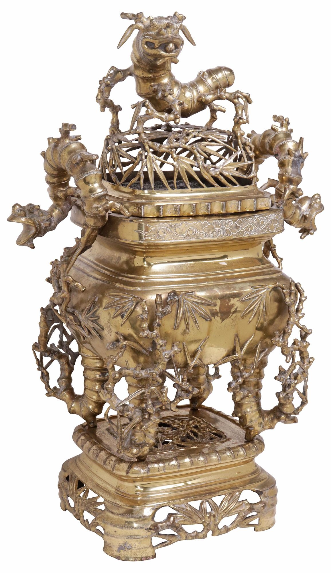 LARGE VIETNAMESE GILT-METAL ZOOMORPHIC INCENSE BURNER ON STAND, 26.5"H (1 of 7)
