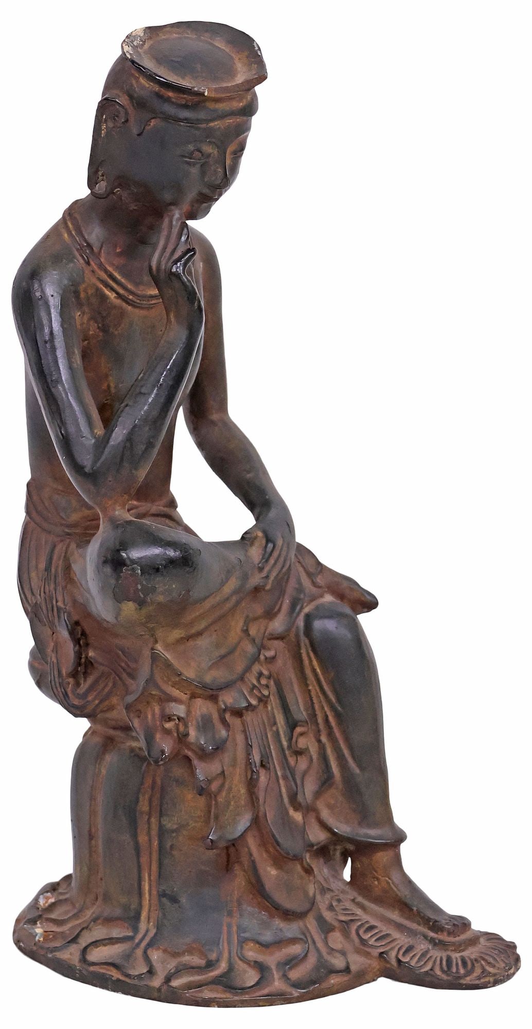KOREAN PATINATED CAST IRON SCULPTURE OF A PENSIVE BODHISATTVA: Korean patinated lost-wax cast iron sculpture, Maitreya Bodhisattva, after the antique bronze original housed in the National Museum of Korea, regarded as "National Treasure Number 83," the figure sea
