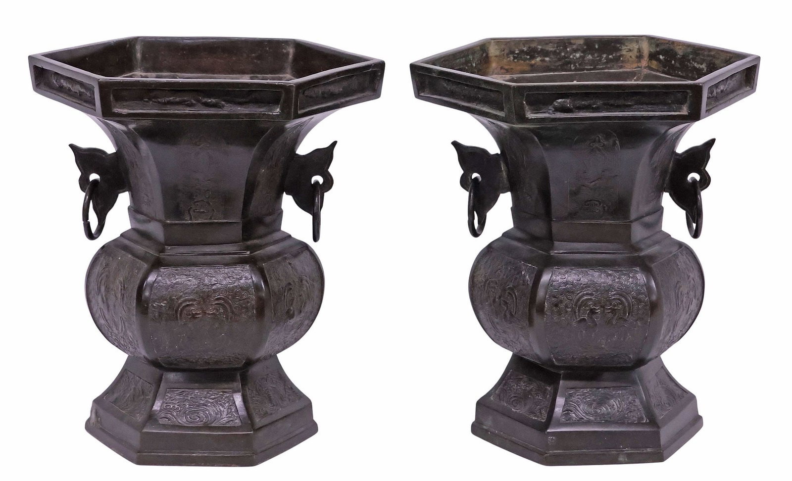 (2) CHINESE QING PATINATED BRONZE HEXAGONAL GU-FORM PLANTERS OR VASES (1 of 6)