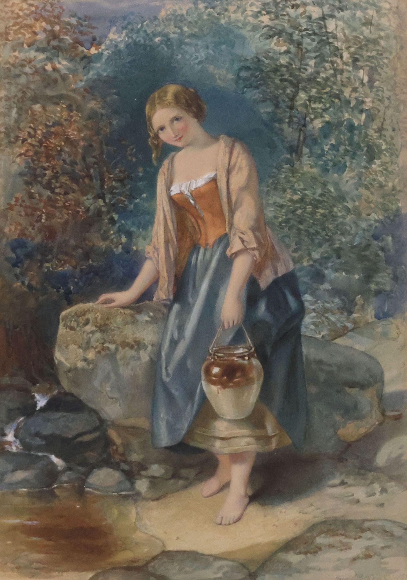 AUGUSTUS JULES BOUVIER (ENGLISH, D.1881) WATERCOLOR, FEMALE MAIDEN: Framed watercolor on paper painting, Female Water Bearer at the Stream, signed lower right Aug. Bouvier (Augustus Jules Bouvier, English, 1825-1881), dated 1853, hinged tape mount at upper edge, expec