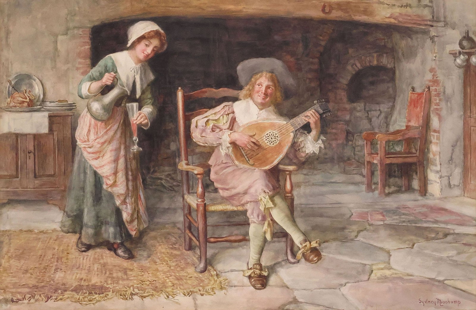 FRANCIS SYDNEY MUSCHAMP (ENGLISH, D.1929) WATERCOLOR, TAVERN SCENE (1 of 5)
