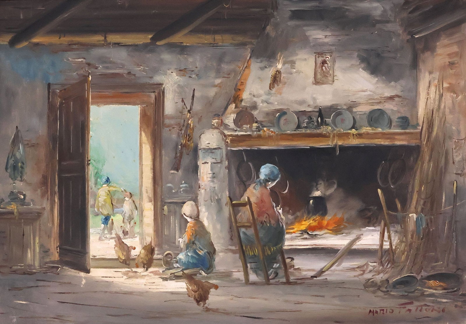 MARIO FATTORI (ITALIAN, B.1930) PAINTING, FARMHOUSE INTERIOR, 27.5" X 39.5" (1 of 5)