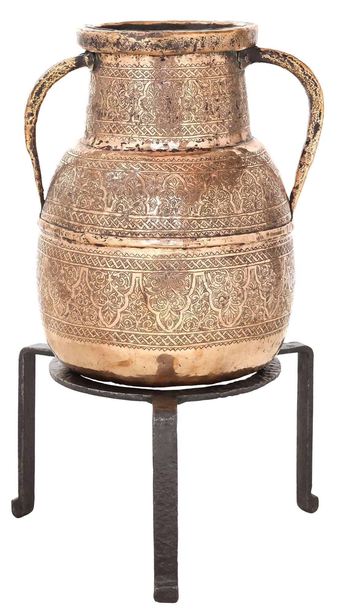 ISLAMIC HEAVILY-INCISED COPPER URN ON IRON STAND, 28"H (1 of 6)