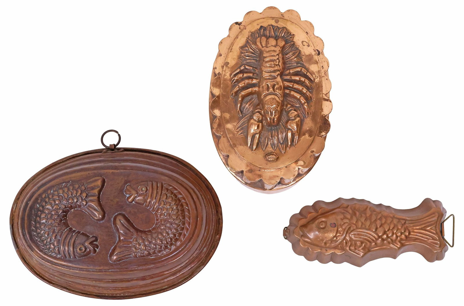 (3) EXCEPTIONAL LOBSTER (CRAYFISH) COPPER ASPIC MOLD & 2 FISH MOLDS: (lot of 3) Antique copper molds, each detailed with marine life, late 19th/ 20th c., including: (1) exceptional aspic/ chaud-froid mold, likely French, stepped oval form, with relief decoration depict