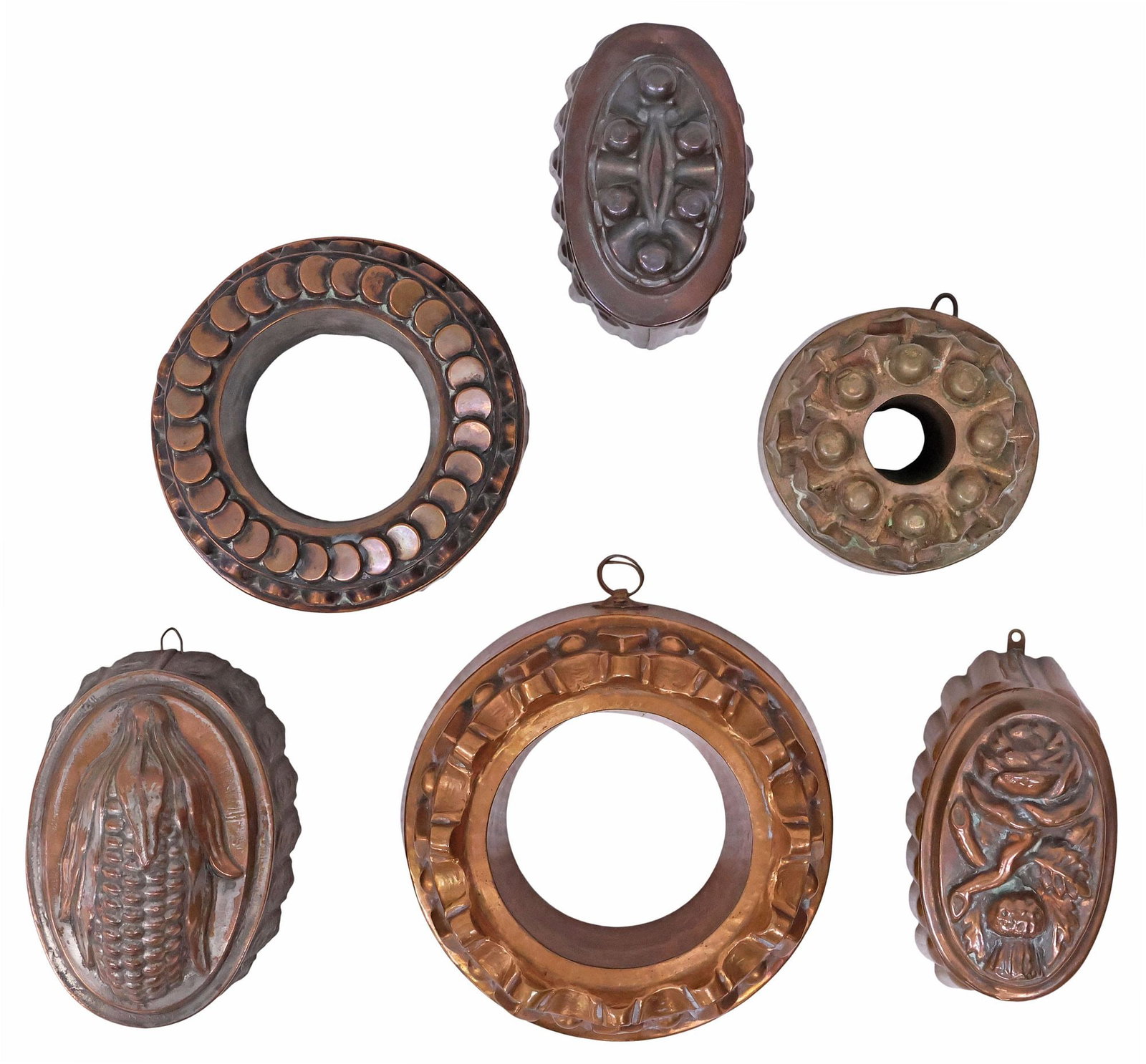 (6) ANTIQUE COPPER JELLY MOLDS, PENNY-TOP, CRENELLATED & FIGURAL (1 of 7)