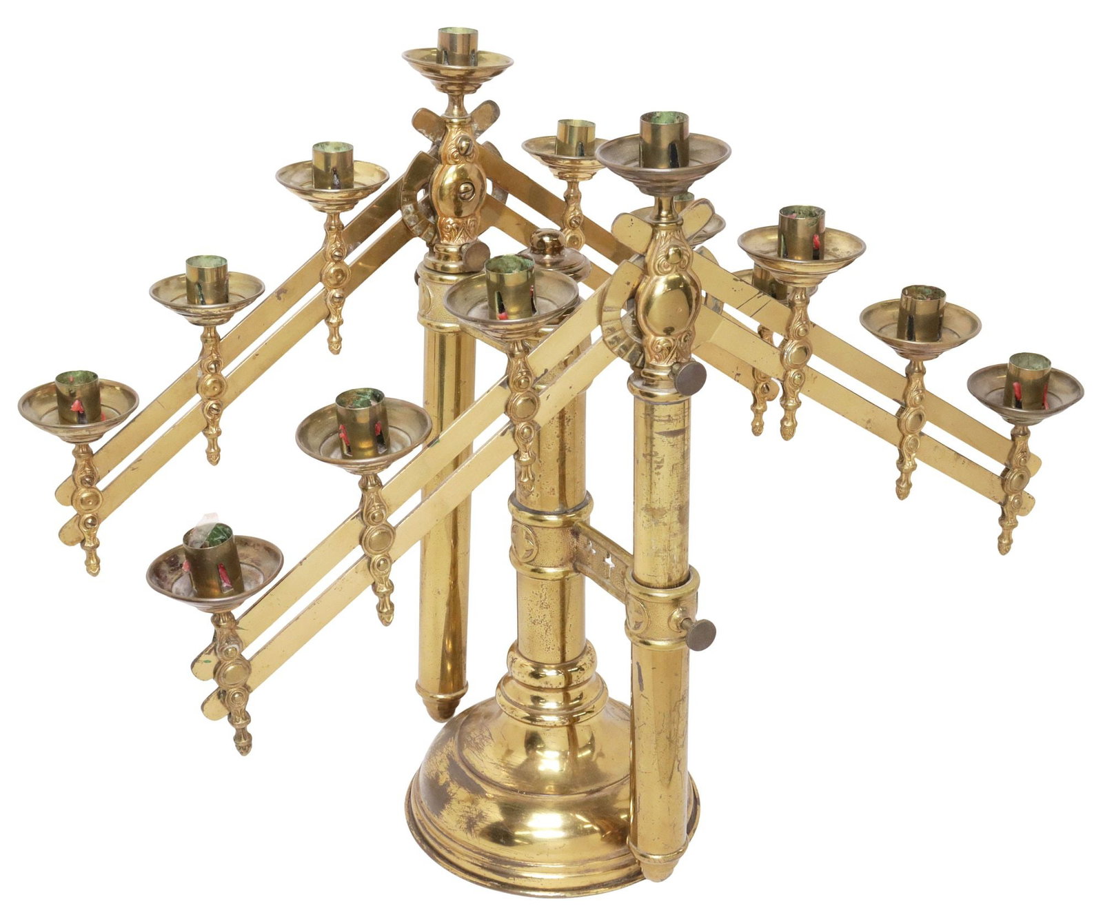 LARGE GOTHIC STYLE ECCLESIASTICAL 14-LT ADJUSTABLE BRASS CANDELABRA, 28.5"H (1 of 7)
