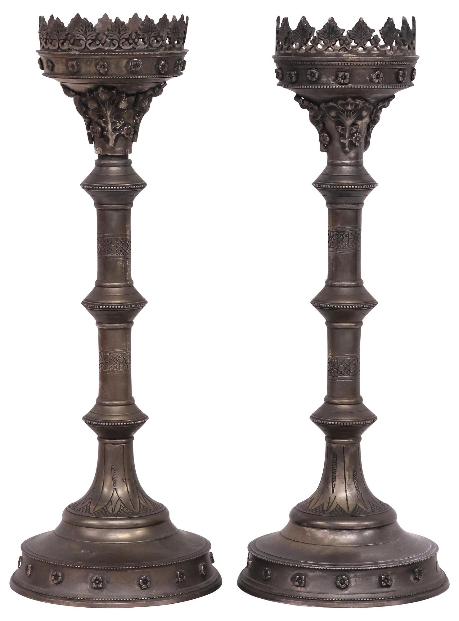 (2) GOTHIC REVIVAL ECCLESIASTICAL SILVER-TONE METAL CANDLE PRICKETS (1 of 4)
