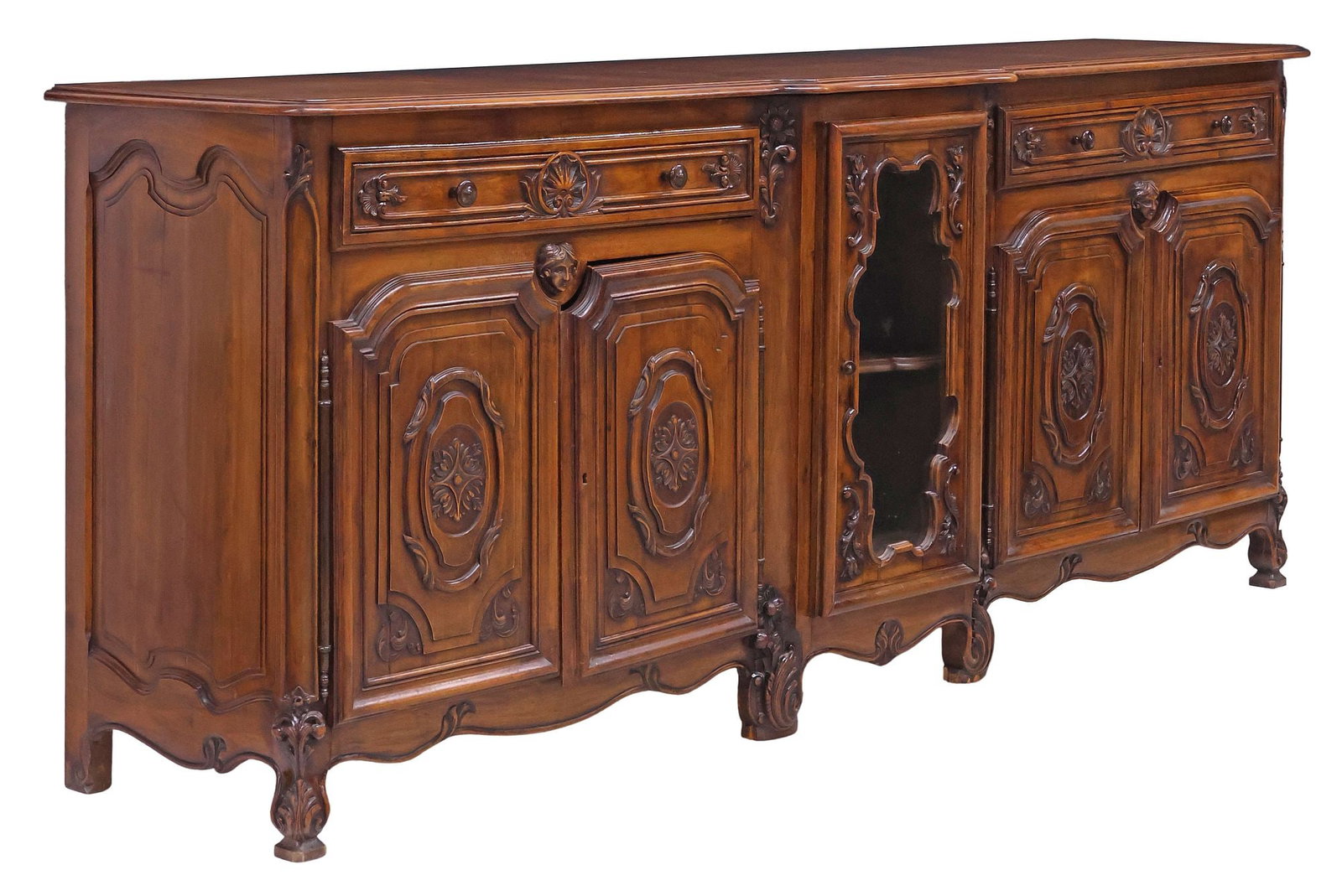 LARGE FRENCH PROVINCIAL LOUIS XV STYLE WALNUT BREAKFRONT SIDEBOARD (1 of 8)