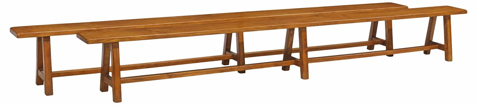 (2) FRENCH PROVINCIAL OAK TRESTLE-SUPPORT BENCHES: (pair) French Provincial oak benches, 20th c., plank seat, on a-frame trestle end supports, approx 18"h, 138"l, 13.25"w **Note: matching dining table offered in this auction**