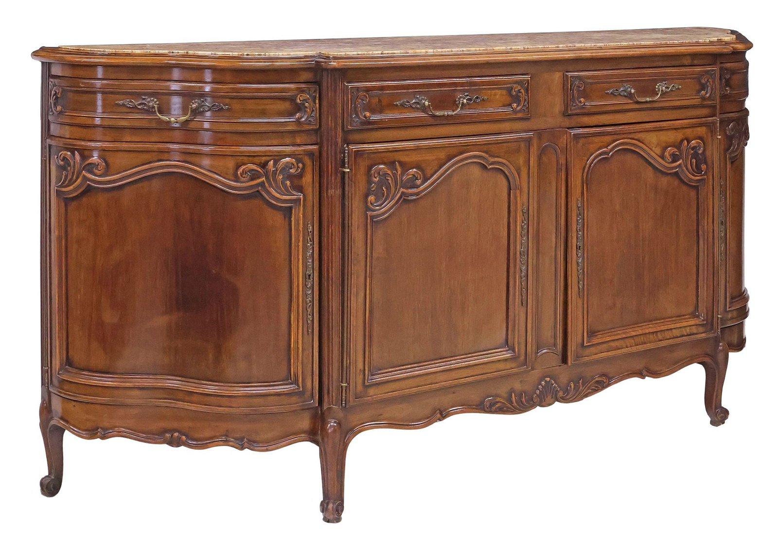 FRENCH LOUIS XV STYLE MARBLE-INSET MAHOGANY BREAKFRONT SIDEBOARD (1 of 6)
