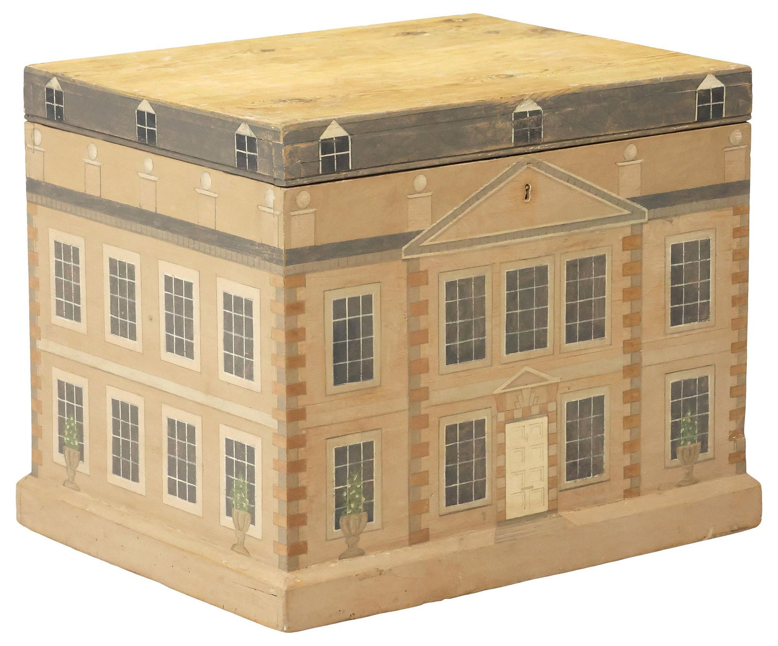 ENGLISH PAINT-DECORATED HOUSE FACADE PINE BOX / STORAGE CHEST (1 of 5)