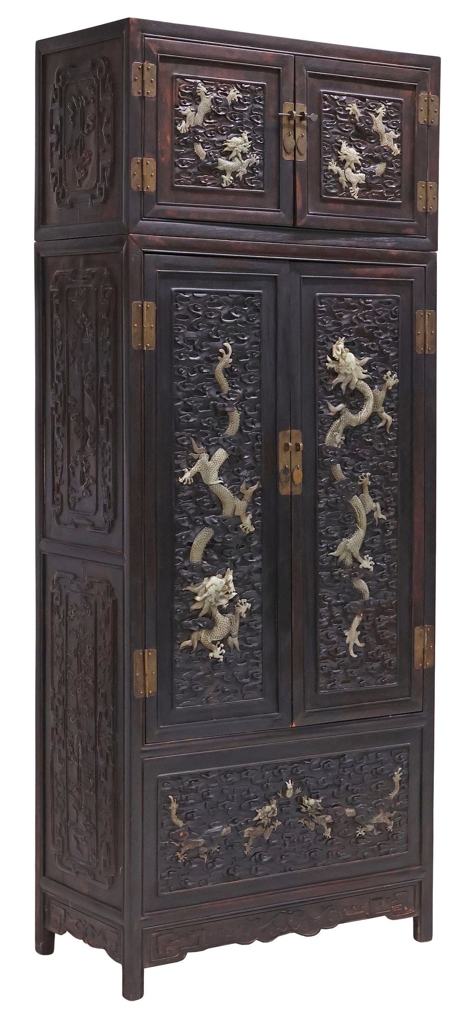 CHINESE HIGHLY CARVED & HARDSTONE-MOUNTED 'DRAGON' CABINET, 91.25"H (1 of 9)