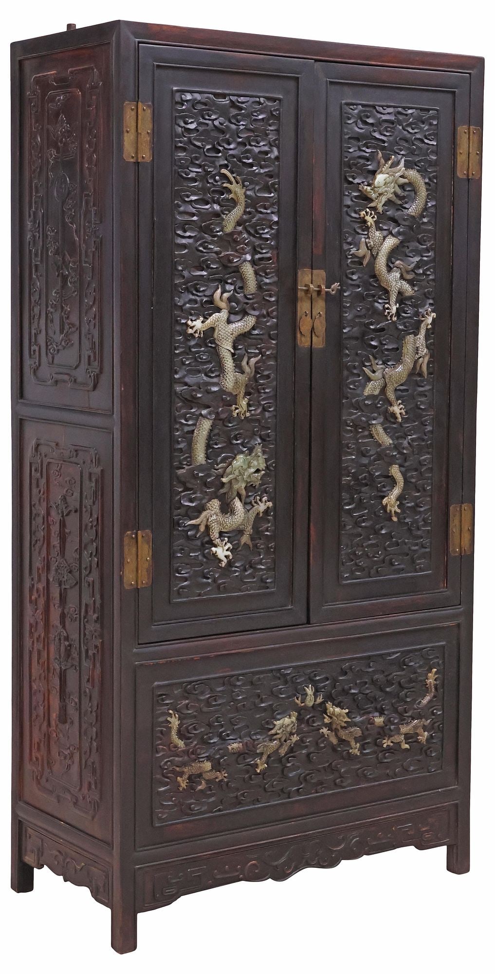 CHINESE HIGHLY CARVED & HARDSTONE-MOUNTED 'DRAGON' CABINET (1 of 9)