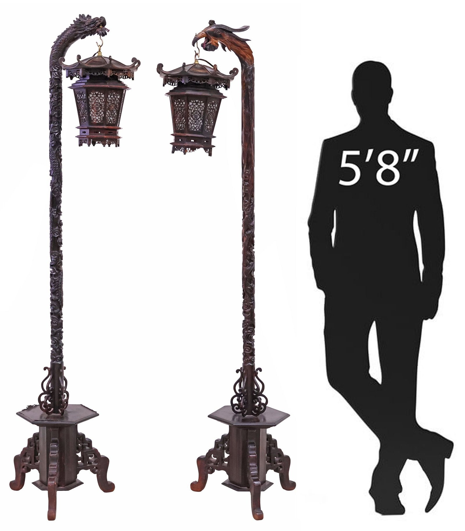 (2) CHINESE CARVED HARDWOOD DRAGON & PHOENIX STANDING FLOOR LANTERNS, 75"H (1 of 10)