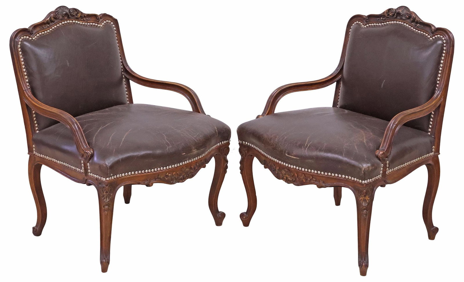 (2) LOUIS XV STYLE CARVED WOOD & LEATHER FAUTEUILS / ARMCHAIRS (1 of 3)