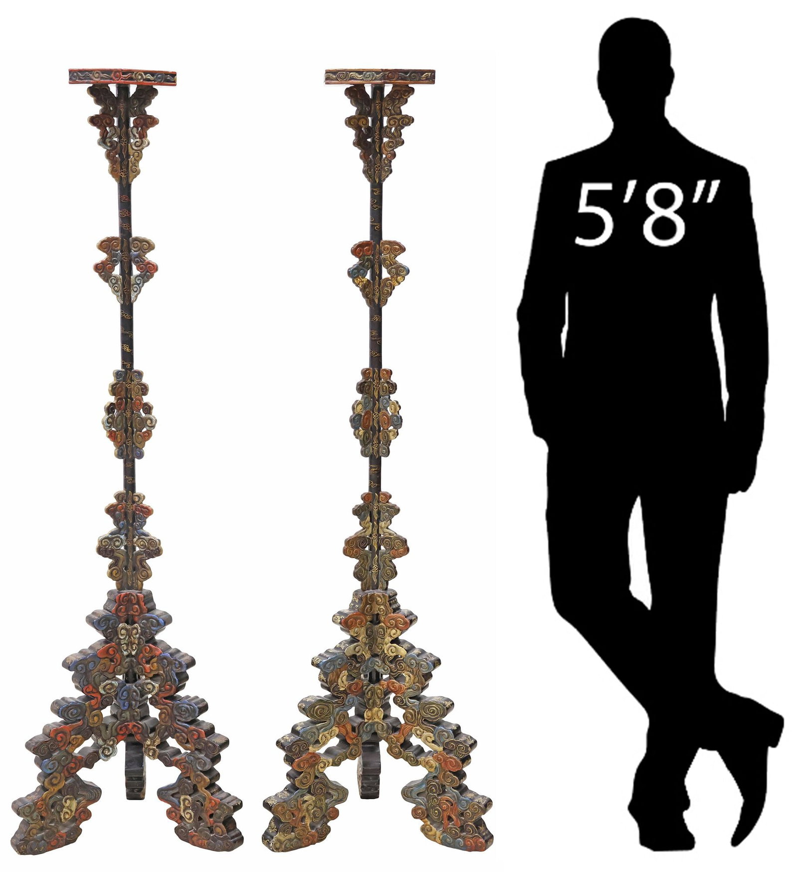 (2) CHINESE PARCEL-GILT LACQUERED & CARVED 'AUSPICIOUS CLOUD' STANDS, 61"H (1 of 6)