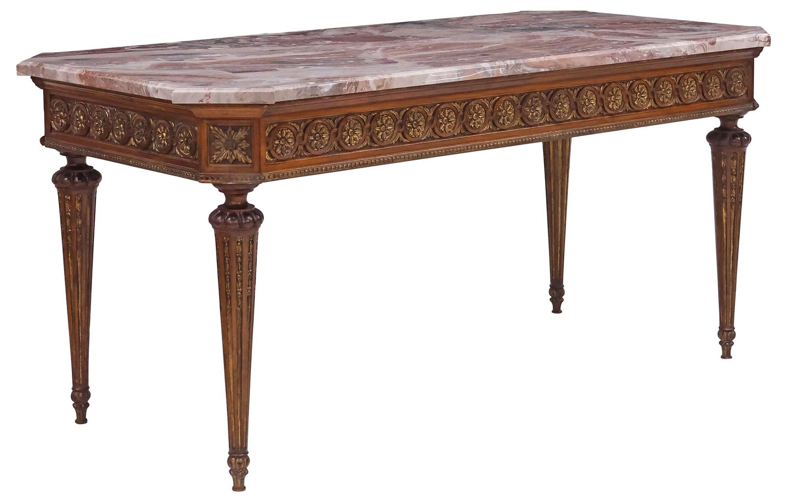 FRENCH LOUIS XVI STYLE MARBLE-TOP CARVED WALNUT SALON TABLE (1 of 4)