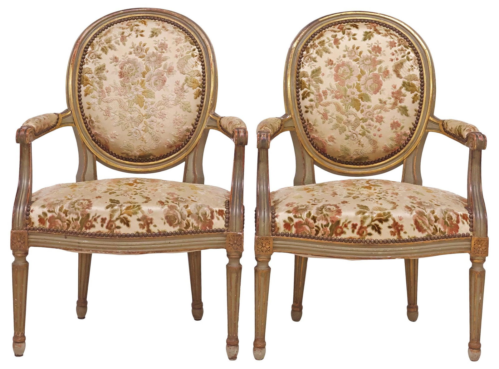 (2) FRENCH LOUIS XVI STYLE UPHOLSTERED PARCEL GILTWOOD ARMCHAIRS (1 of 3)