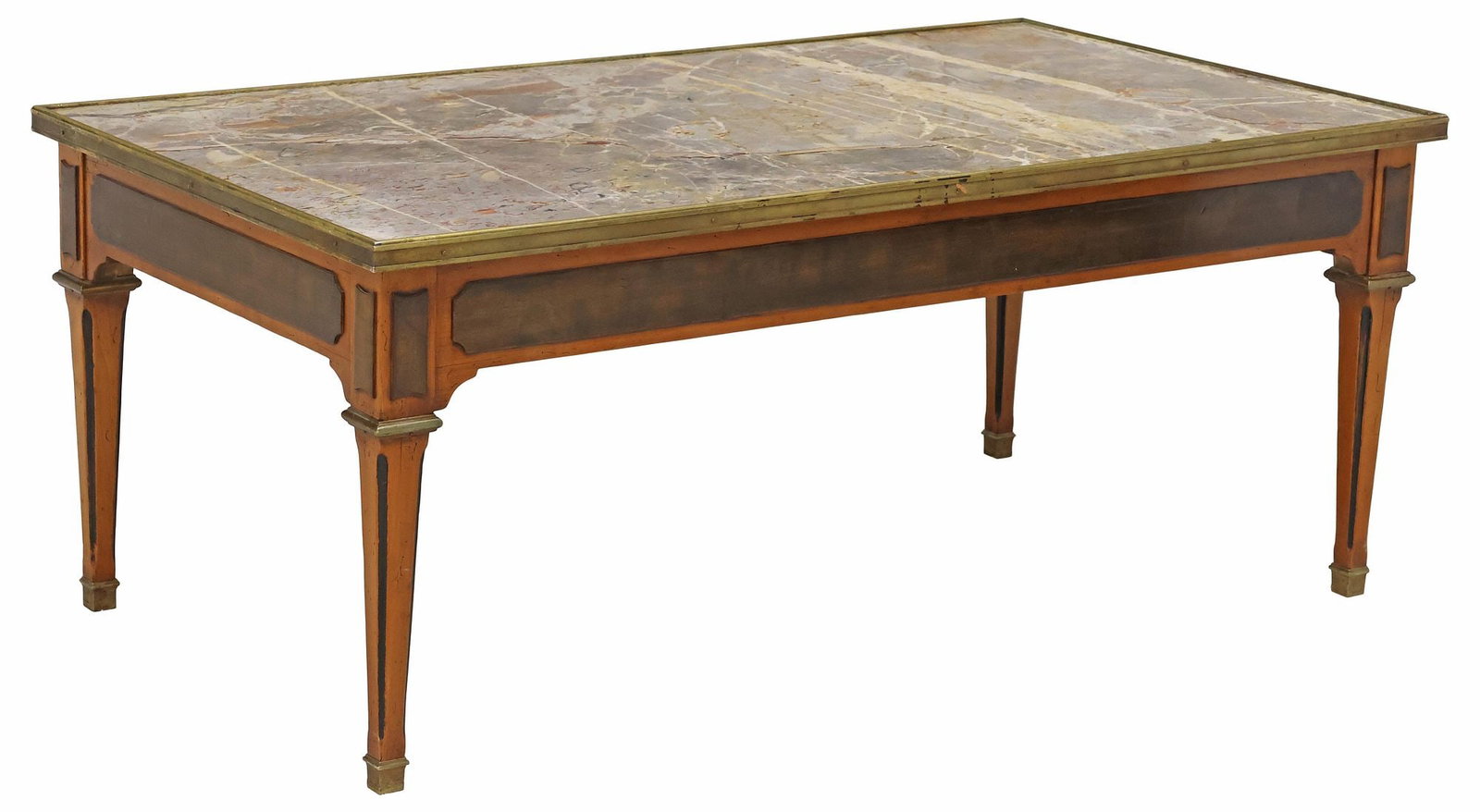 FRENCH NEOCLASSICAL STYLE MARBLE-TOP WALNUT COFFEE TABLE: French Neoclassical style walnut coffee table, early 20th c., rectangular inset marble top, rising on tapering canted supports, ending on brass-cap feet, approx 18"h, 43.25"w, 23.75"d