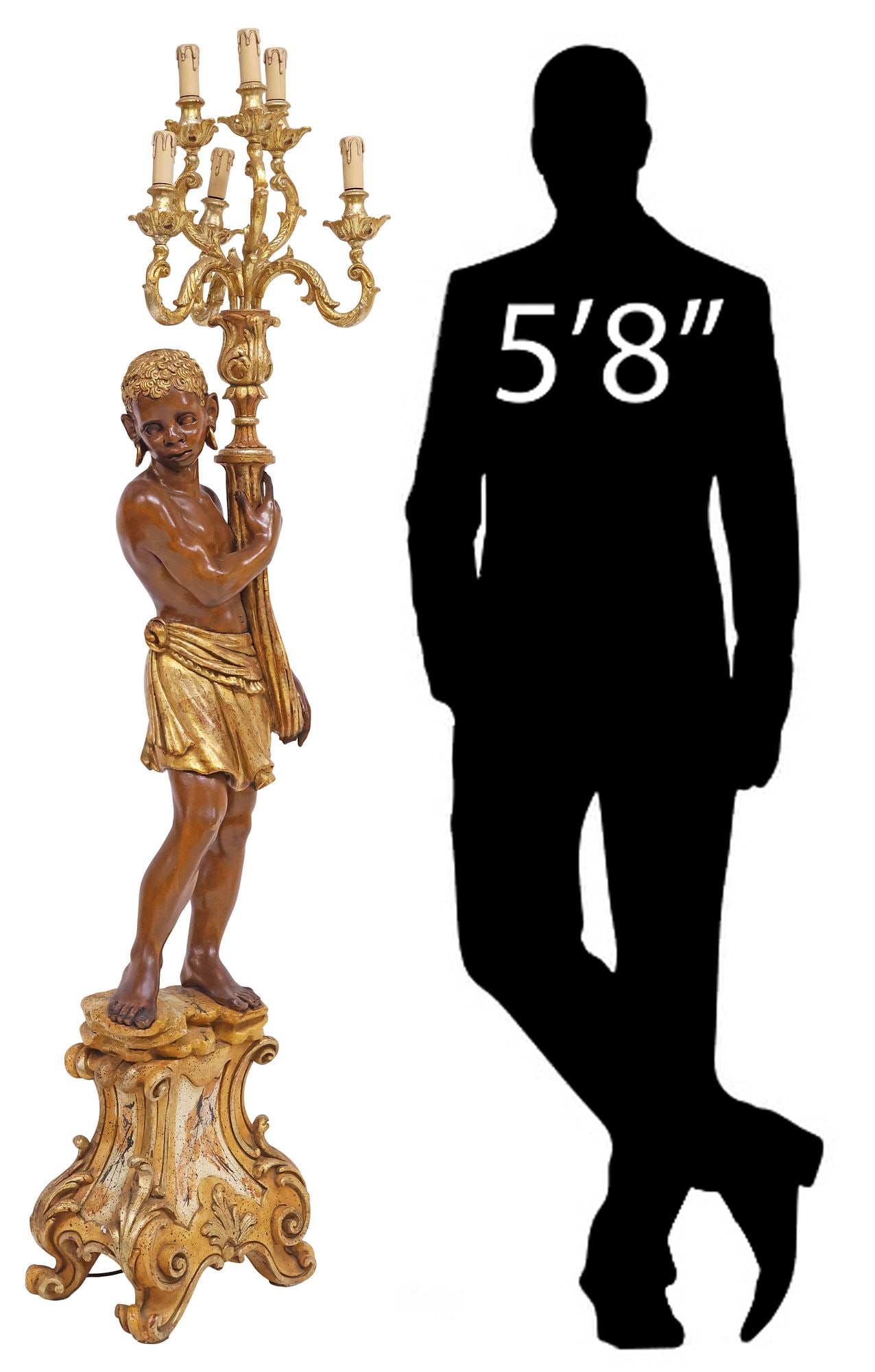 VENETIAN GILT & POLYCHROME PAINTED FIGURAL 6-LT TORCHIERE, 69"H (1 of 7)