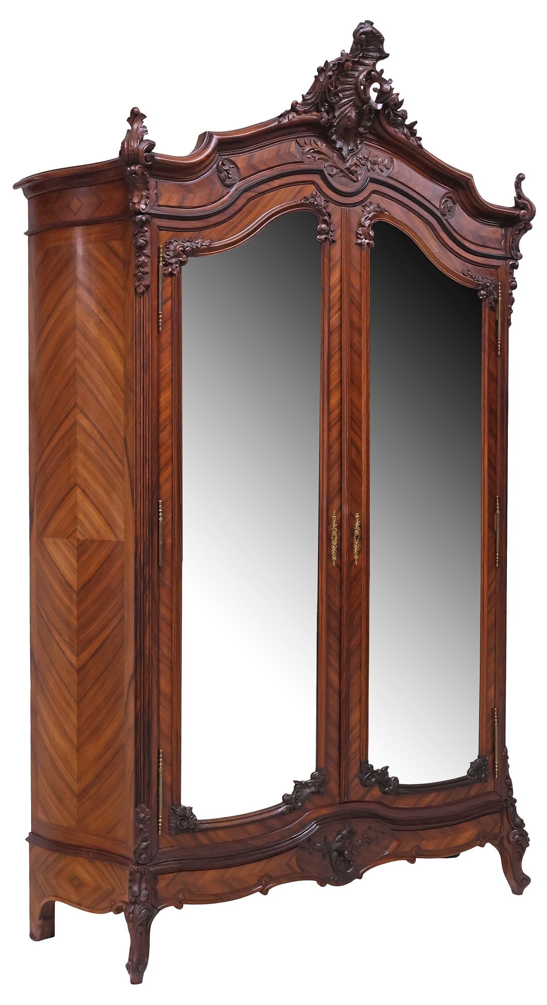 FRENCH LOUIS XVI STYLE MIRRORED & CARVED ROSEWOOD ARMOIRE, 100.5"H (1 of 6)