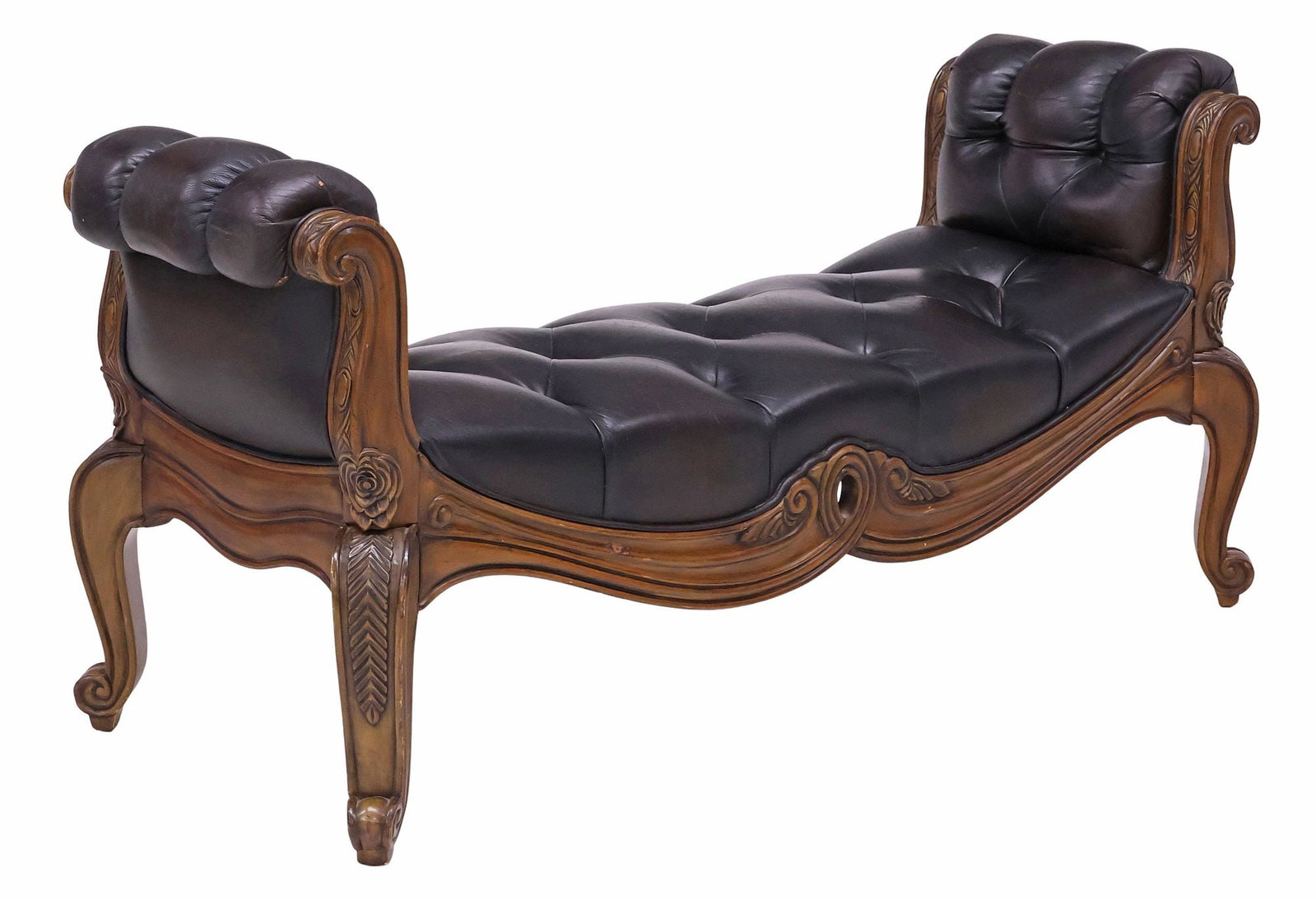 LOUIS XV STYLE LEATHER-UPHOLSTERED WALNUT WINDOW BENCH (1 of 4)