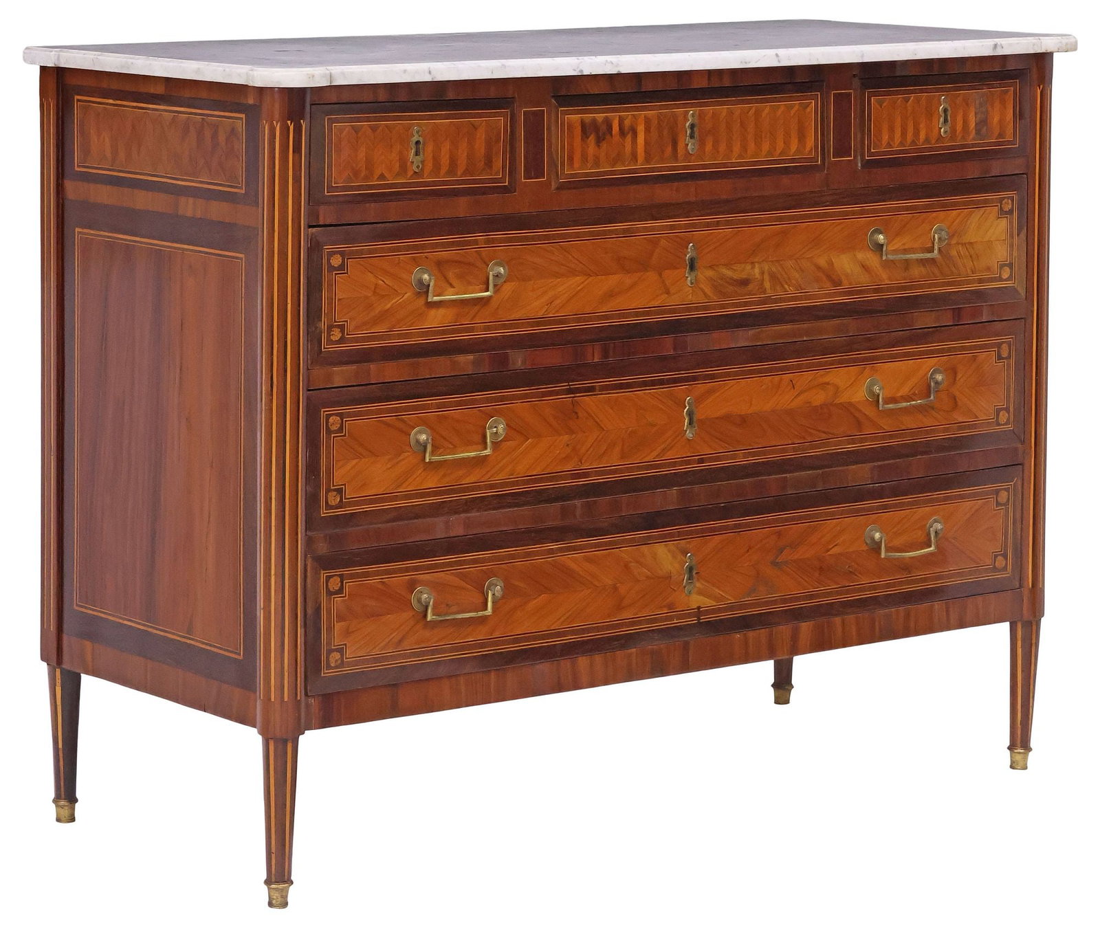 FRENCH LOUIS XVI STYLE MARBLE-TOP PARQUETRY-INLAID MAHOGANY COMMODE (1 of 5)