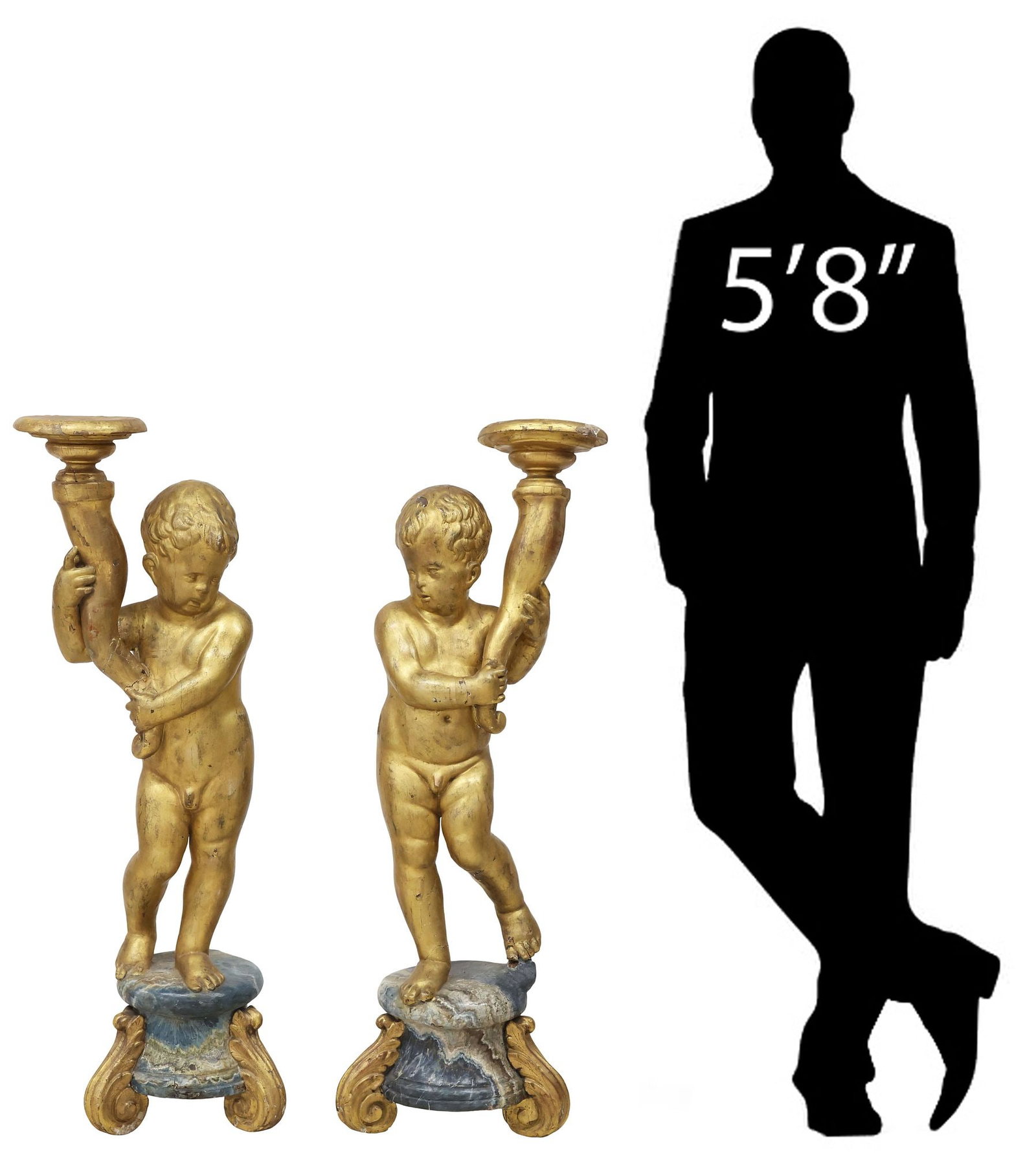 (2) ITALIAN BAROQUE PERIOD GILTWOOD CHERUB CANDLE STANDS, 41"H (1 of 8)