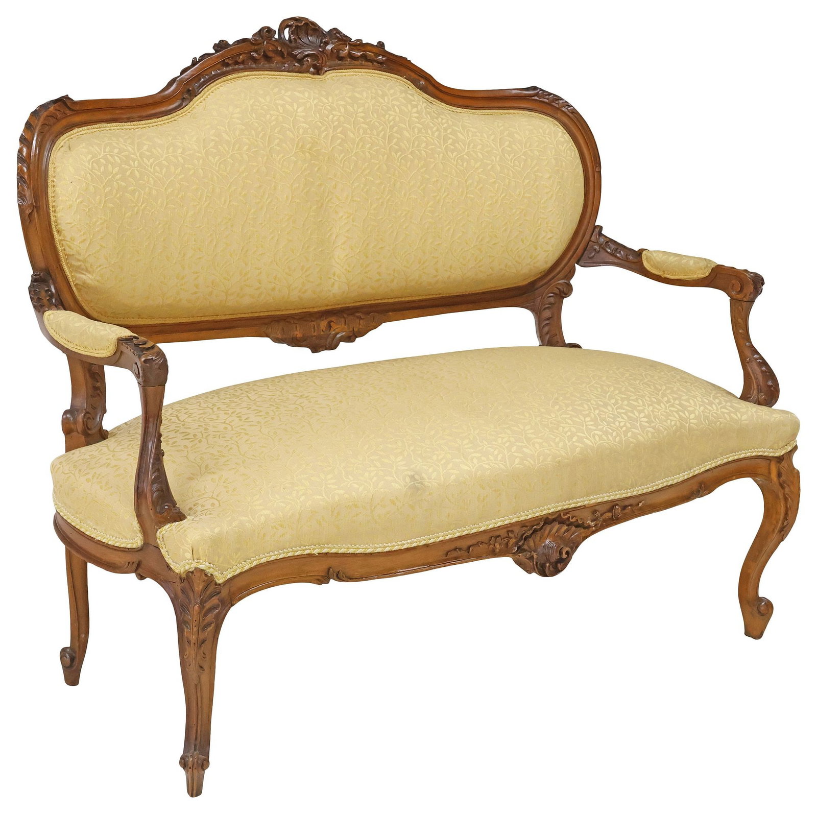 FRENCH LOUIS XV STYLE CARVED & UPHOLSTERED WALNUT SETTEE (1 of 5)