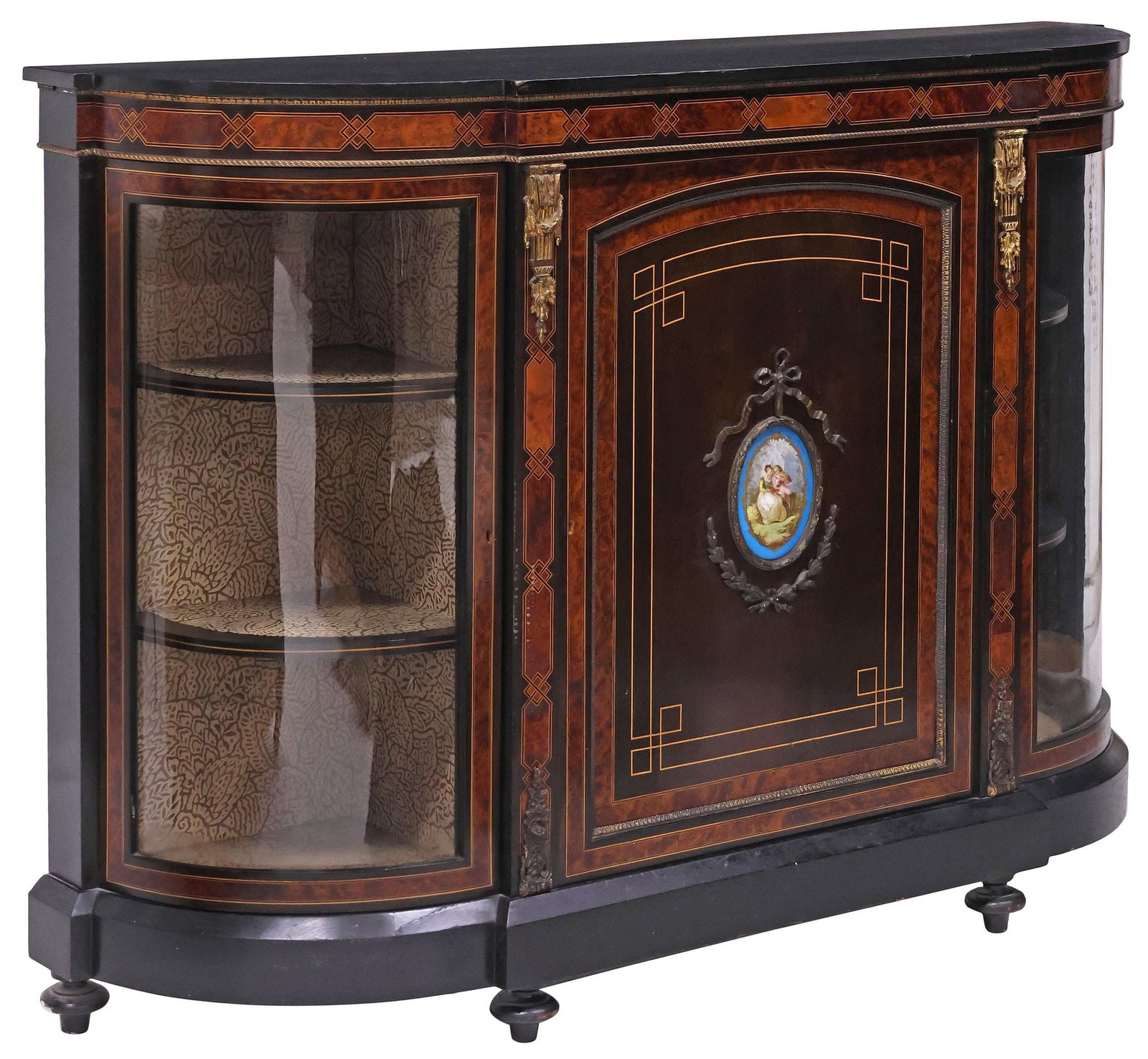 FINE ENGLISH PORCELAIN-INSET PARCEL-EBONIZED BURLWOOD CABINET (1 of 6)