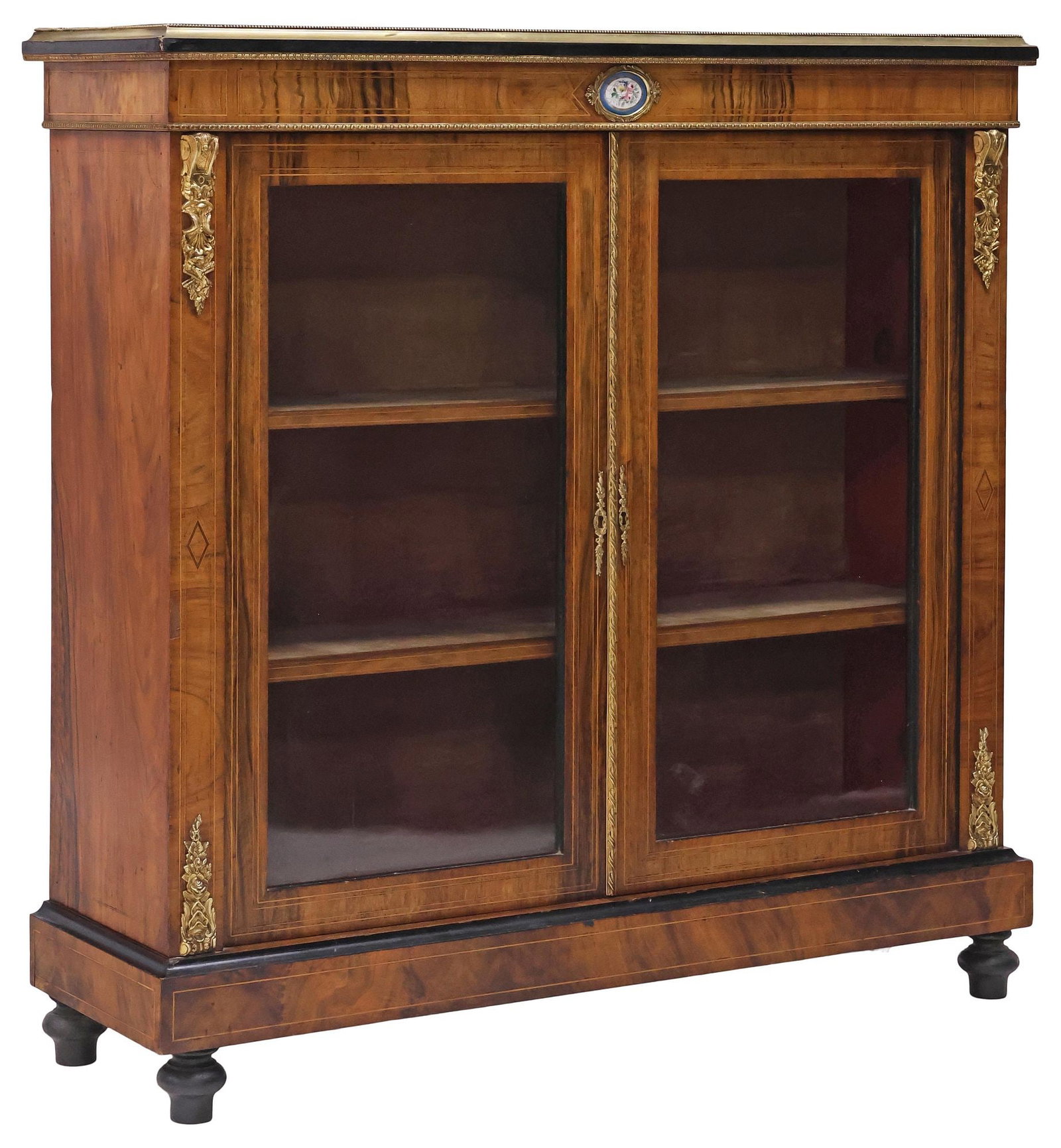 VICTORIAN PORCELAIN-INSET & INLAID FIGURED WALNUT PIER CABINET (1 of 6)