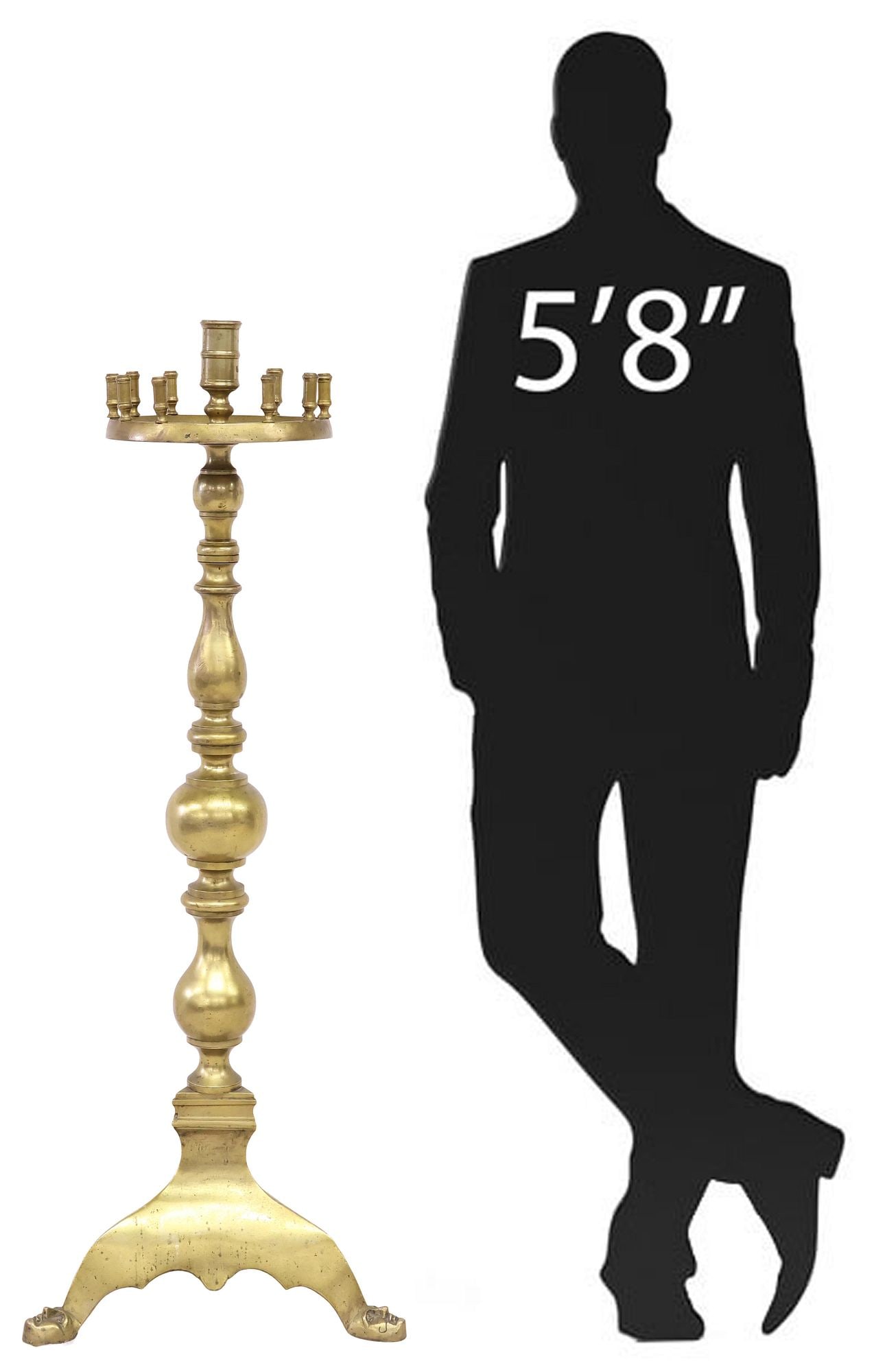 CONTINENTAL GILT BRASS 11-LIGHT FLOOR CANDELABRA ON FIGURAL MASK FEET: Continental gilt-brass standing floor candelabra, 19th c., having circular dish with eleven raised bobeches, over turned-form standard, rising on tripartite base with scalloped apron, ending on figura