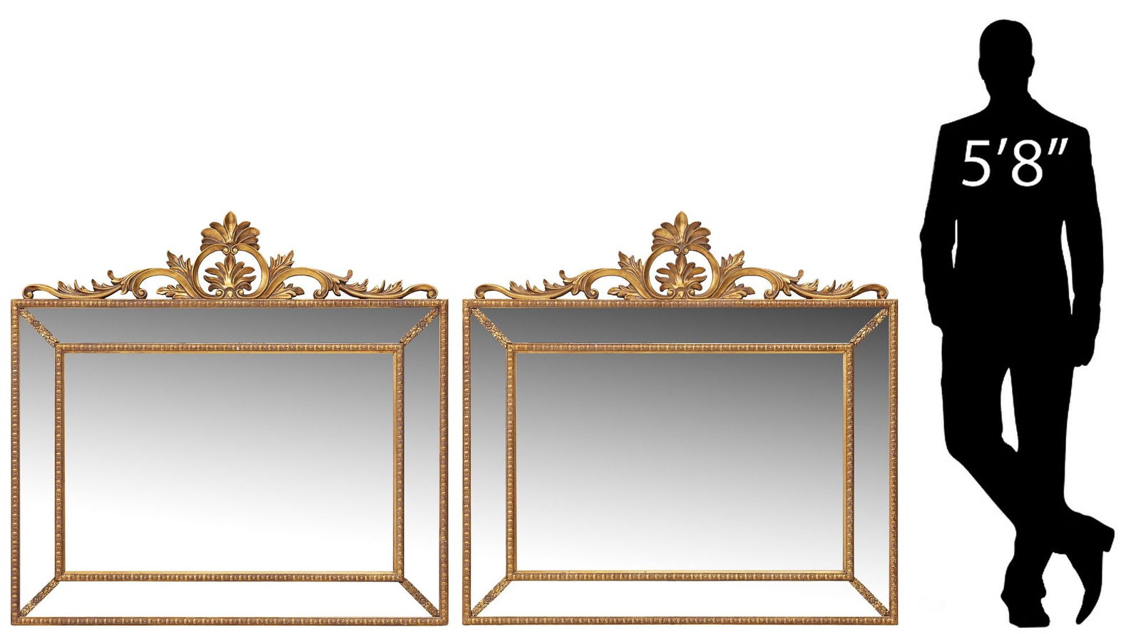 (2) LOUIS XV STYLE GILT OVERMANTEL PARCLOSE MIRRORS, 47.5"L: (pair) Louis XV style giltwood and composite wall mirrors, late 20th c., each having openwork scrolling foliate crest, above cushion frame with egg-and-dart trim, encasing beveled mirror plates, appro